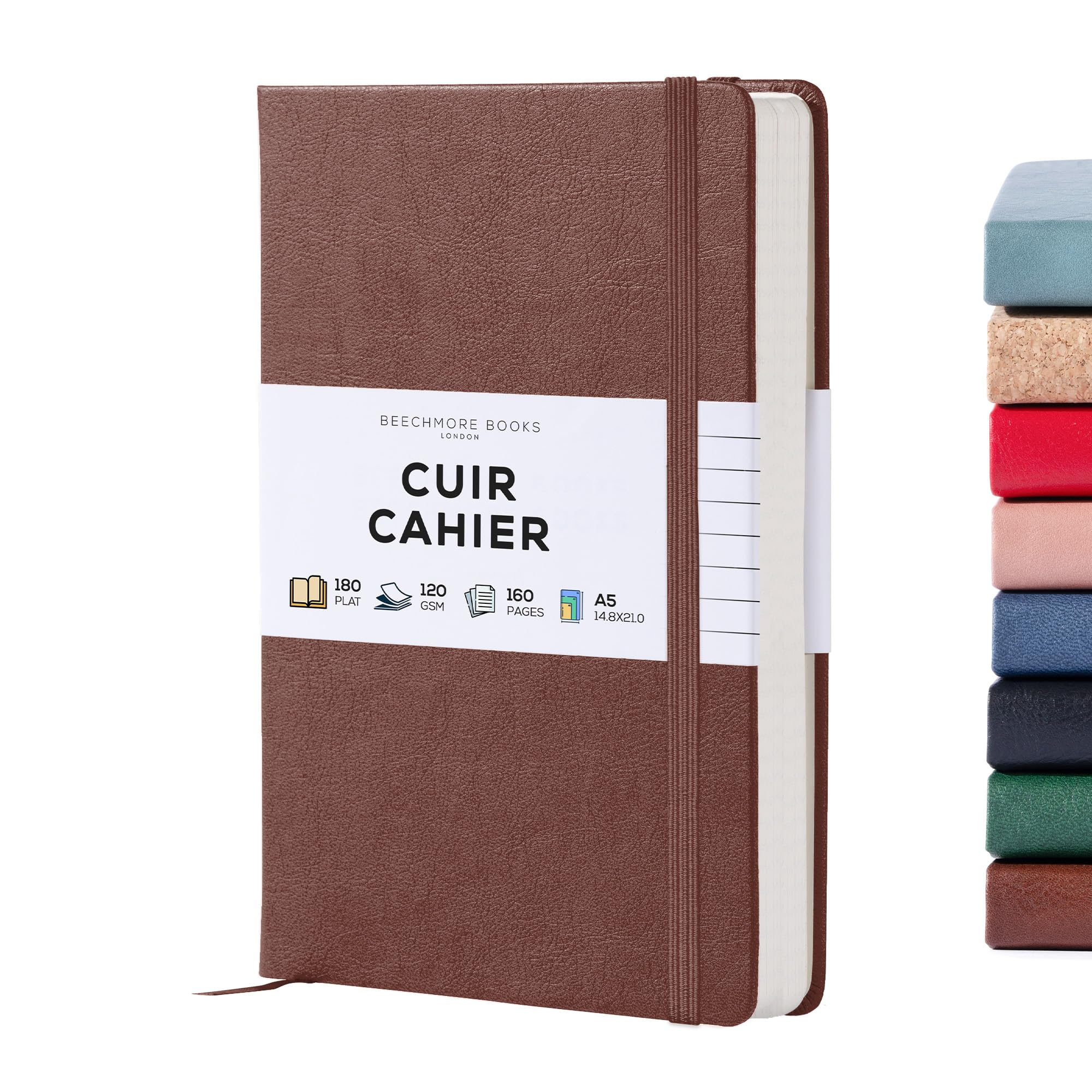 Carnet de Notes A5 Marron Couverture Rigide Cuir Vegan Papier Ligné 120 g/m² Beechmore Books