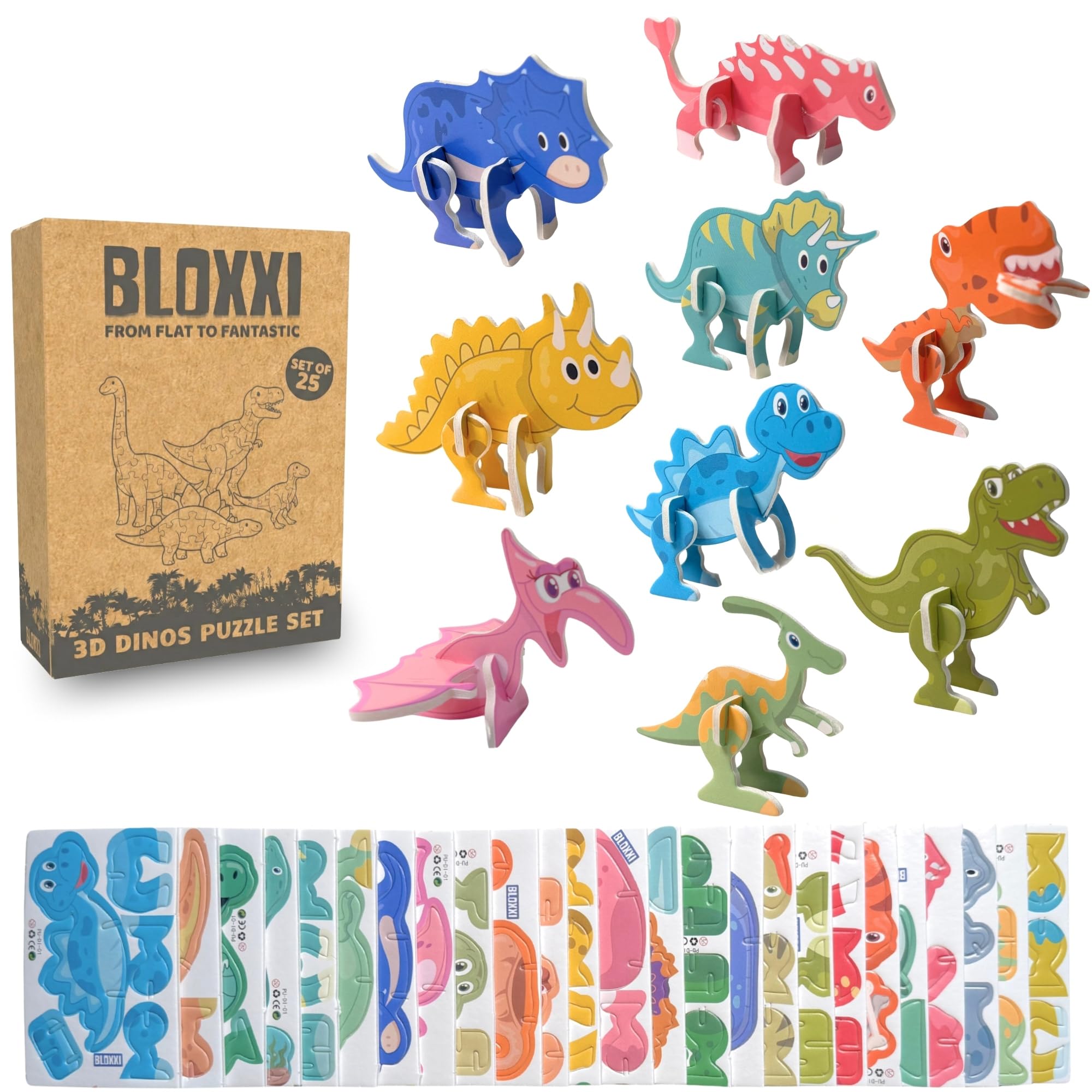 Bloxxi 25x 3D Puzzle Dinosaurier - Kindergeburtstag Gastgeschenke & Mitgebsel Set - Give Aways & Mitbringsel für Kinder, Originelle Gastgeschenke Mädchen Jungen (Dinosarier)
