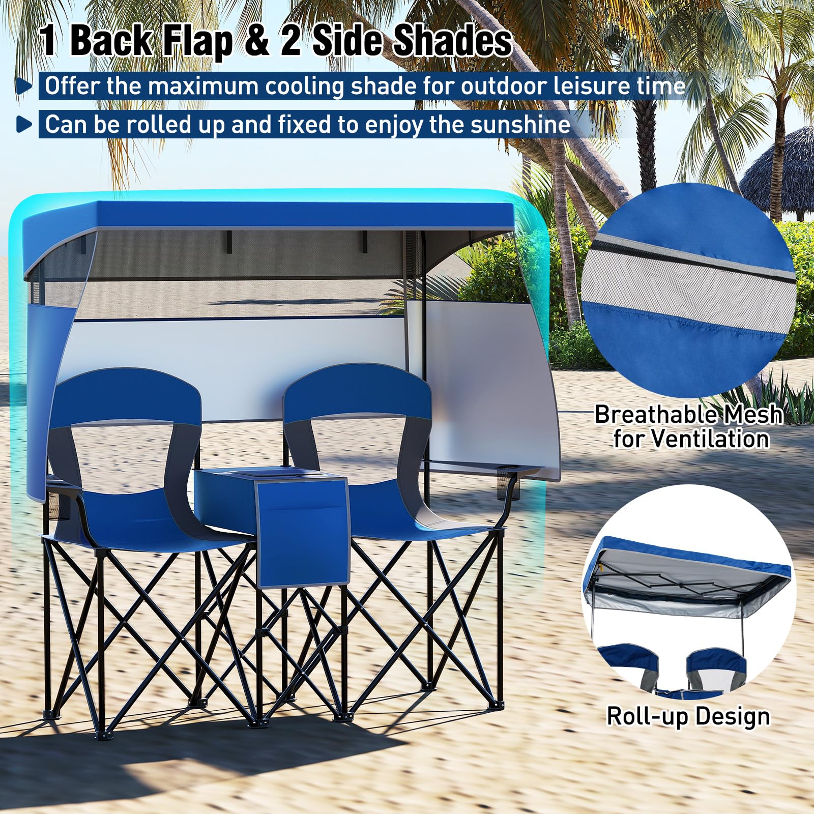 GIANTEX Set di 2 sedie da campeggio pieghevoli con tettuccio parasole, mini tavolo, borsa termica e porta bevande, sedia pieghevole per 2 persone, modello 2 blu scuro