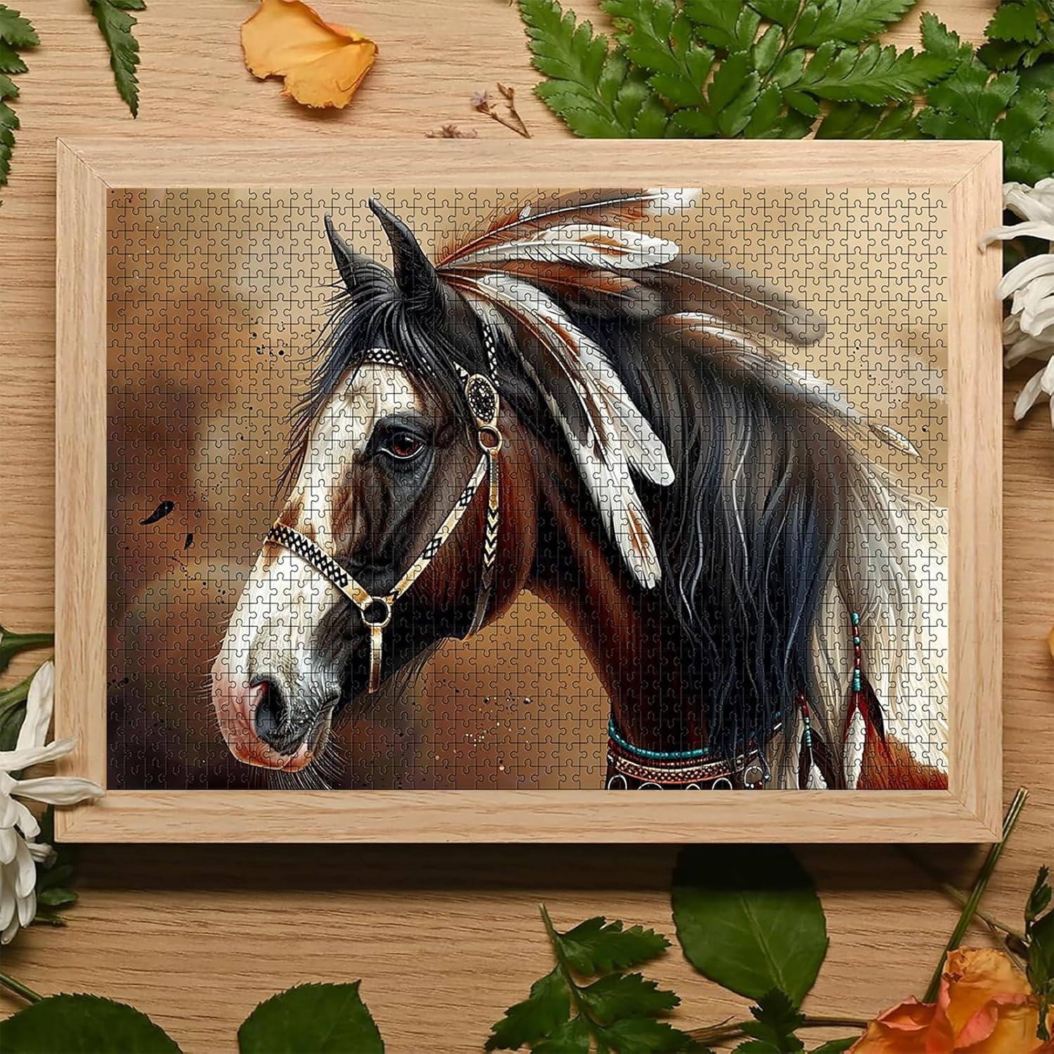 Indian Horse 1000 Pieces Puzzles for Adults Wooden Puzzle with Letters on The Back Stress Free for Beginners Funny Gifts 20x28in