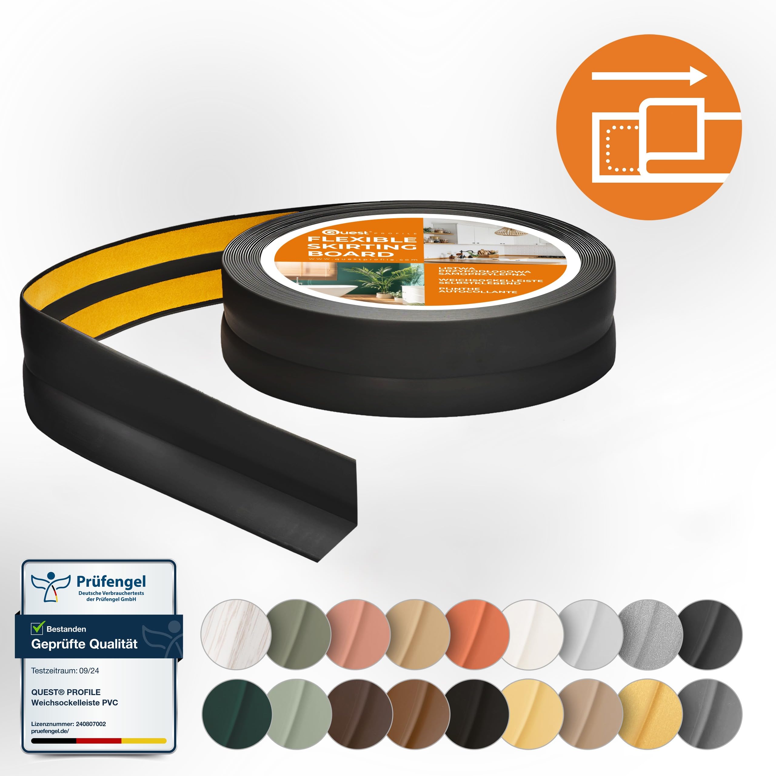 Quest listwa wykończeniowa PVC 40x40 mm samoprzylepna – czarna, 25 m | Miękka taśma dekoracyjna i cokół, maskuje styk ściany z podłogą, ochronna, do salonu, kuchni, łazienki oraz biura