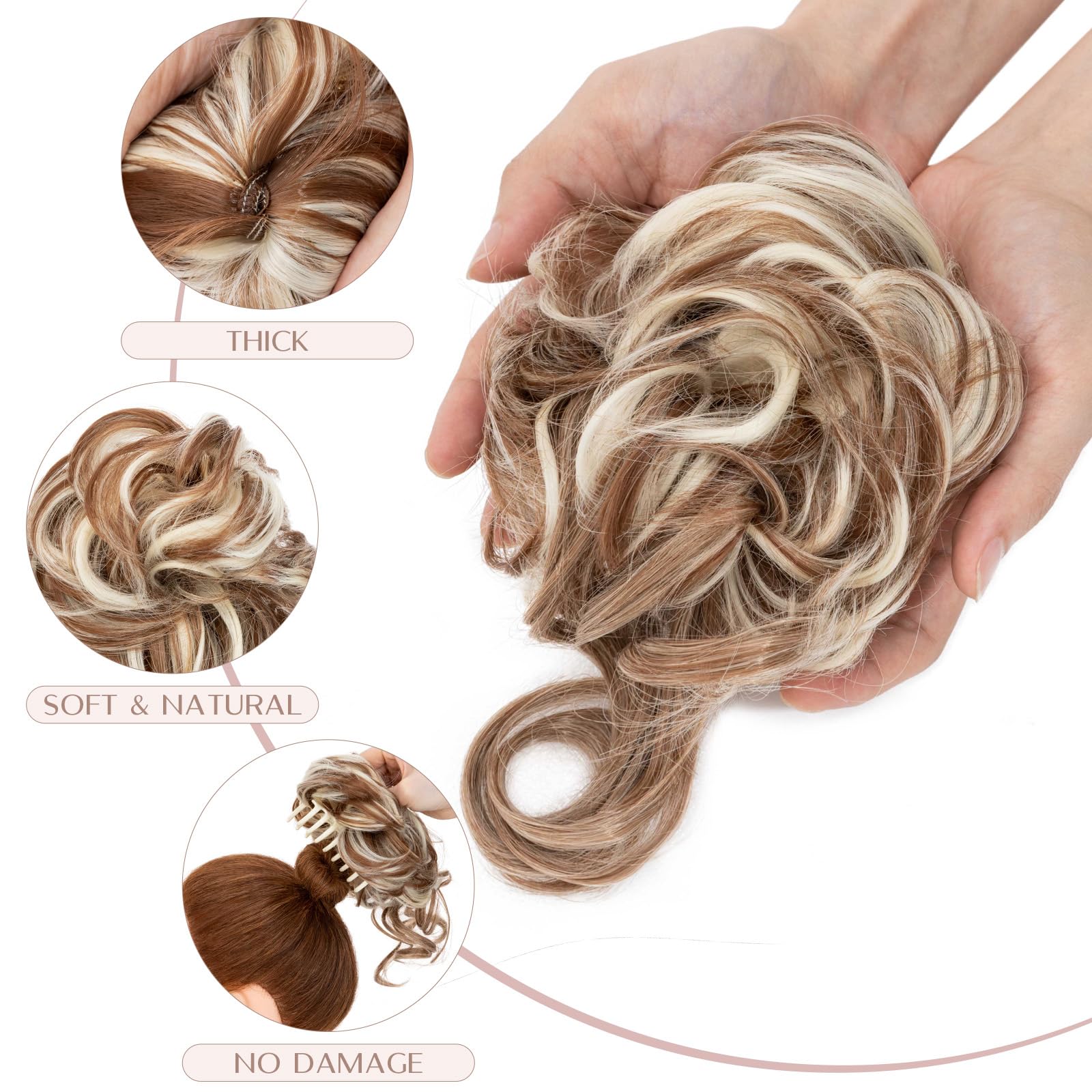 SEGO Tousled Updo Hair Bun Donut Synthetic Thick Hair Chignon 78G Claw Messy Bun Hairpieces Wavy Curly, Light Brown & Bleach Blonde - Image 2