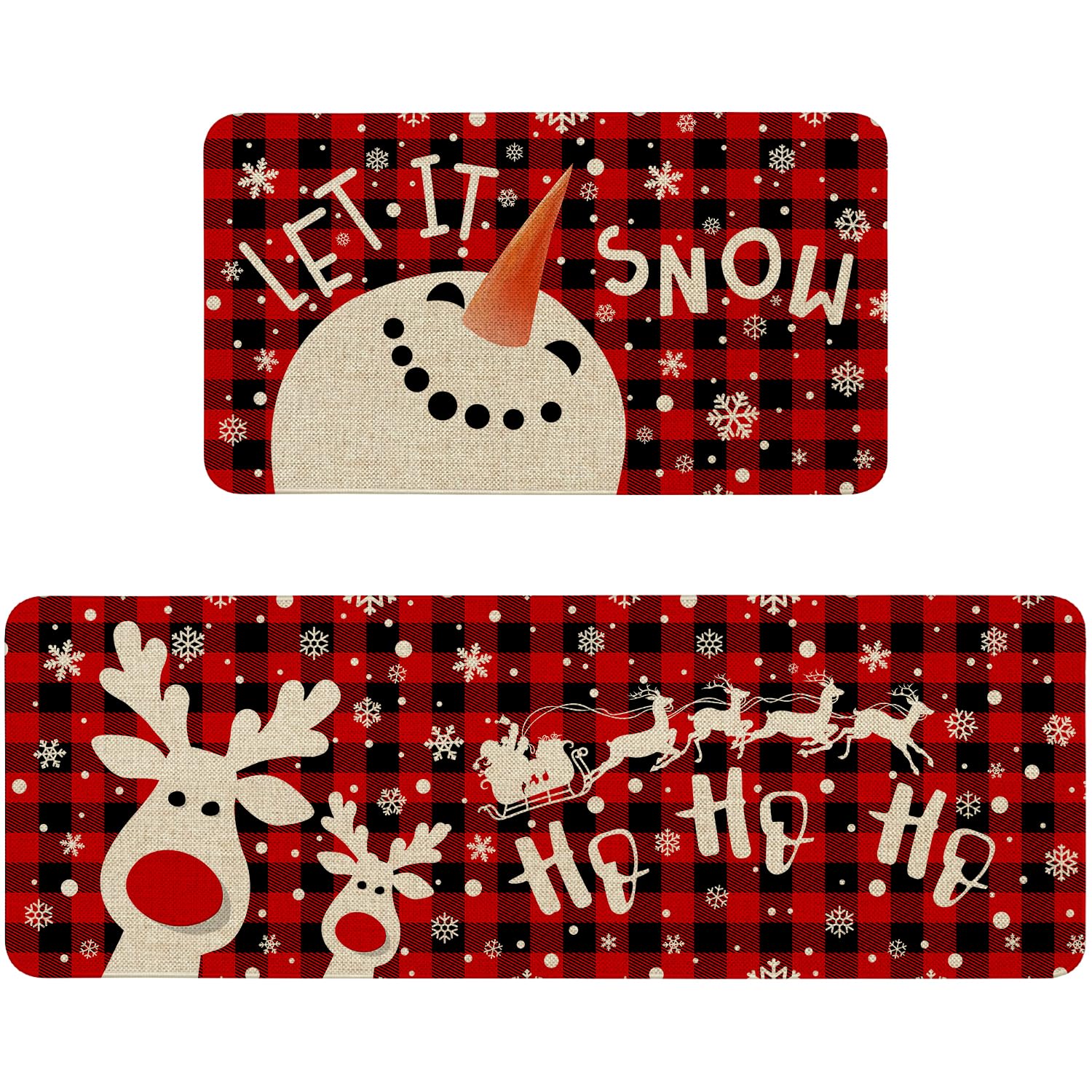 Christmas Kitchen Mat Decor, Snowman Reindeer Winter Holiday Christmas Kitchen Rugs Sets of 2, Red Buffalo Plaid Christmas Rugs Indoor Kitchen Home