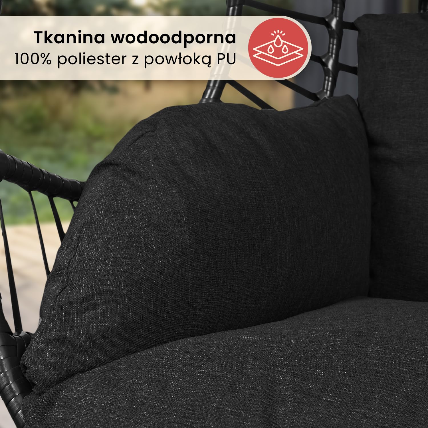 Fotel wiszący Swoods XXL Egg - Fotel wiszący ze stojakiem - Do wnętrz i na zewnątrz - Zawiera poduszki - Odporny na warunki atmosferyczne - Fotel Egg - do 150 kg (Czarny)