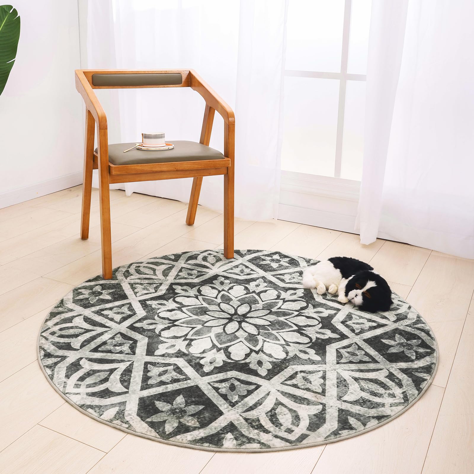 Round Rug 4ft, Boho Round Area Rug Washable Bohemian Mandala Circle Rug Non Skid Chic Soft Rug Floor Area Mats Carpet for Bedroom Living Room Entryway Nursery Dining Room