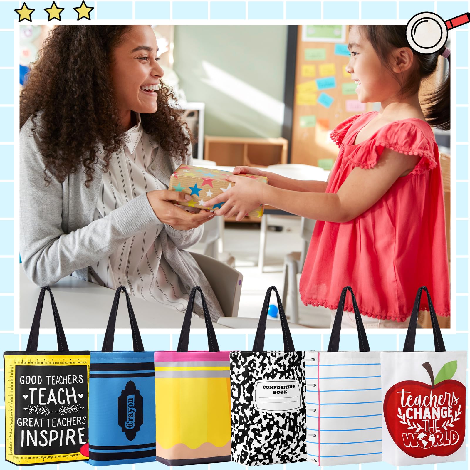 Paterr Lot de 12 sacs fourre-tout en toile pour femme, sac d'école, carnet de notes, carnet de composition, crayon pomme, crayon