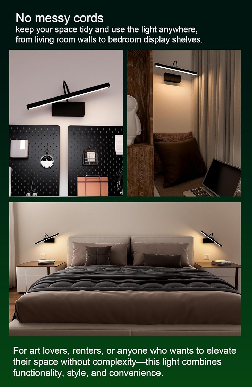 Picture Lights for Wall Battery Operated, 16 inch Art Lighting for Paintings, Wireless Rechargeable Dimming Gallery Light with Adjustable Swing Arm, Picture Frame Light with Remote Control, Black