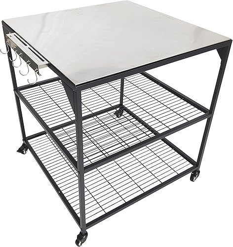 Mesa de carrito de comedor de acero inoxidable y acero movible de tres estantes para exteriores, horno de pizza, parrilla portátil y carrito de