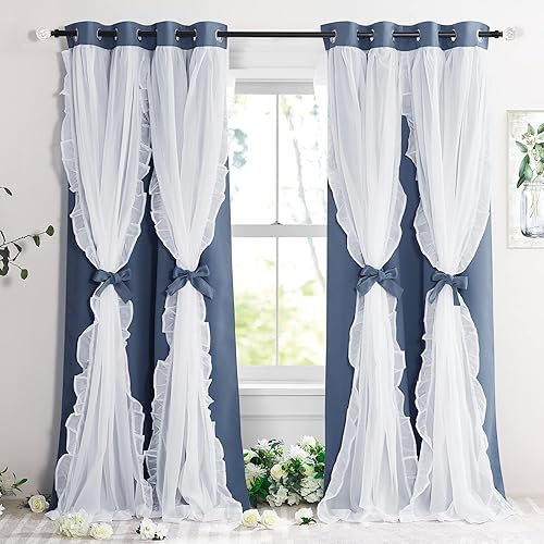 Miniatura 1 de PONY DANCE Cortinas con volantes de doble capa, superposición transparente, decoración elegante para diseño rústico francés con alzapaños, 52