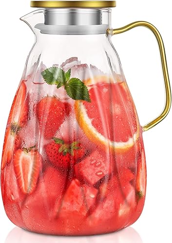 Jarra de vidrio Jarra de vidrio de 85 onzas con tapa y boquilla, jarra de té helado de acero inoxidable 188 para nevera, fácil de limpiar,