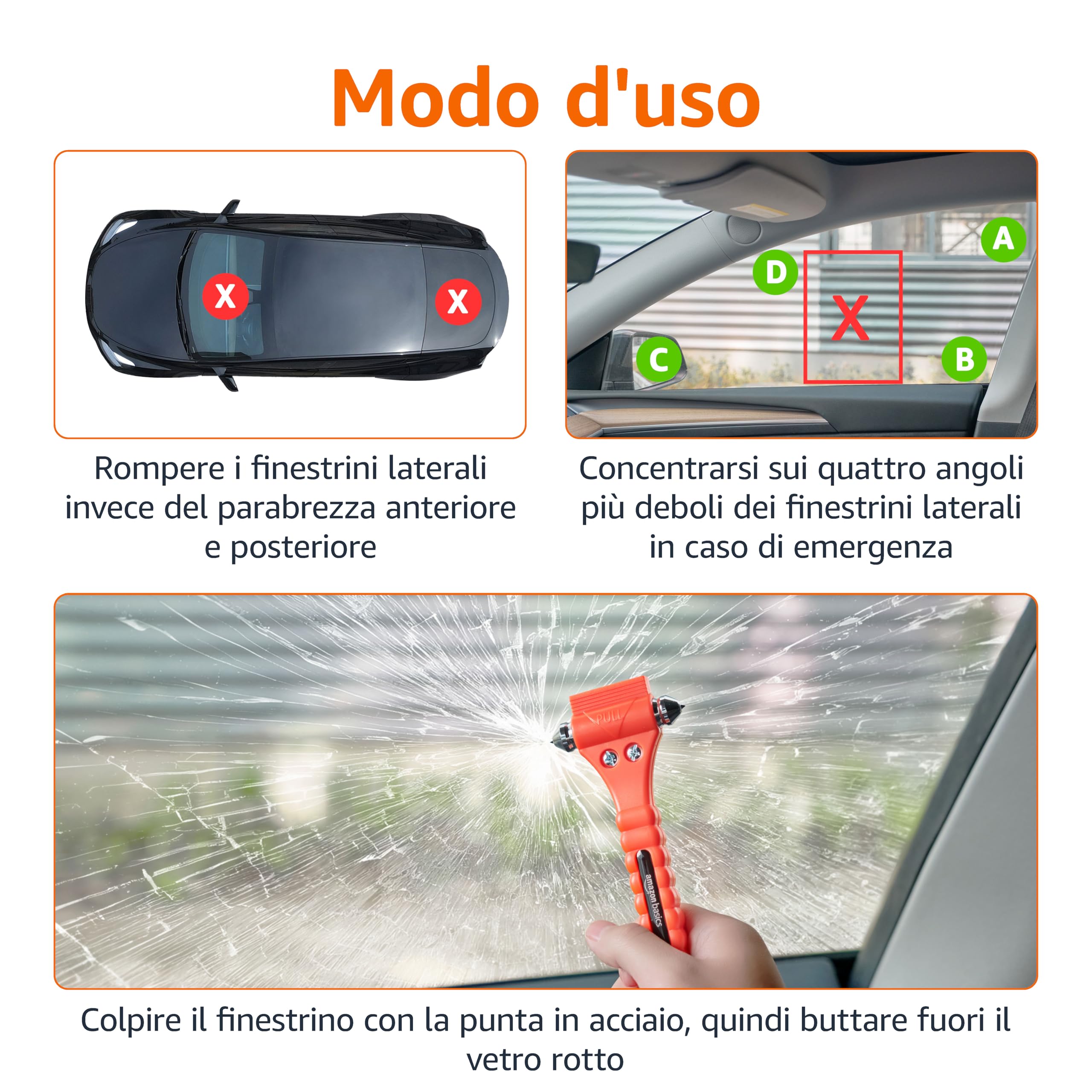 Martello Frangivetro 2 In 1 Per Auto - Con Taglierino Per Cinture E Fischietto, Per Emergenze