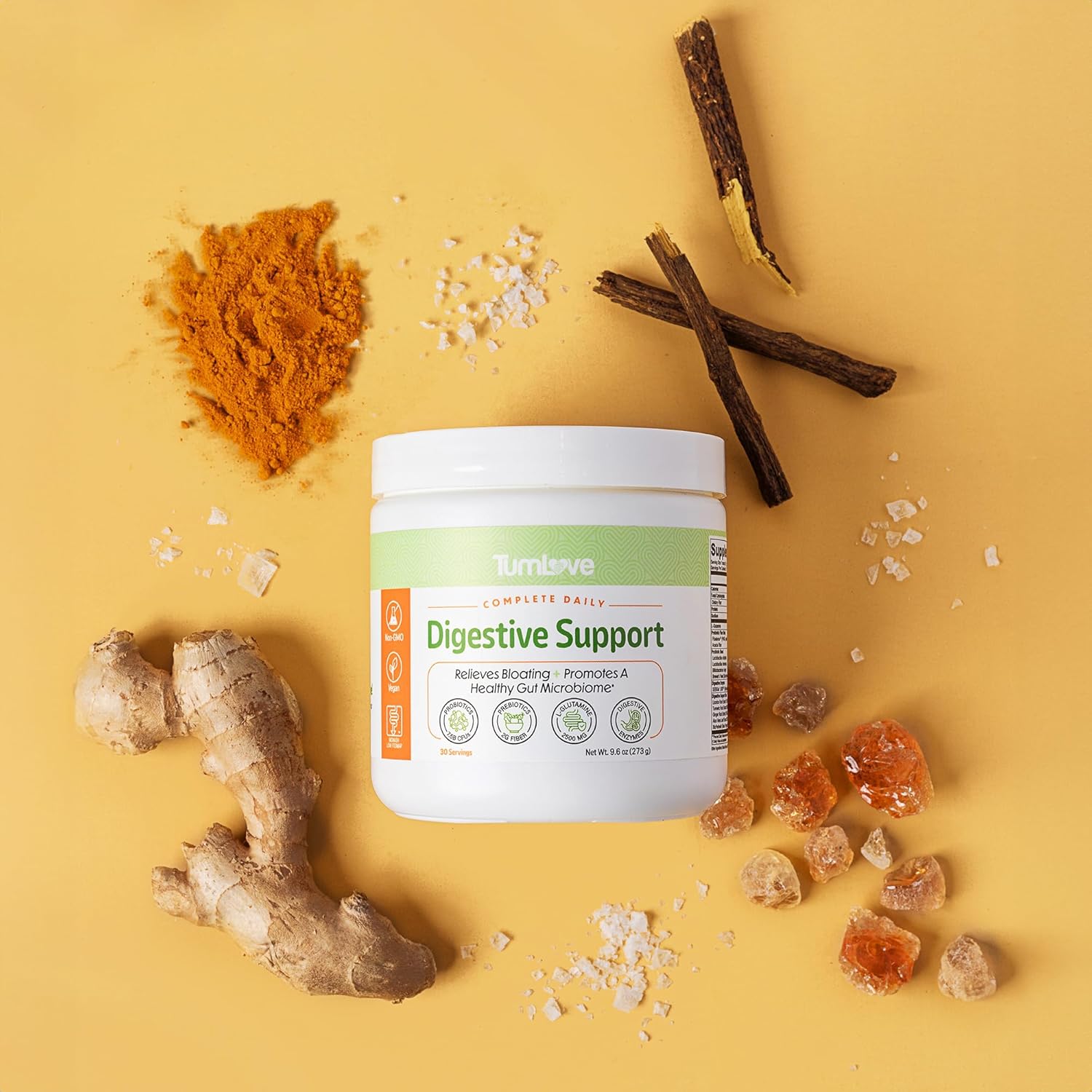 TumLove IBS Relief & Digestive Support Powder – Low FODMAP Certified, Probiotics, Prebiotics, Digestive Enzymes, L-Glutamine & 5 Soothing Herbs – Vegan, Gluten-Free (30 Servings)