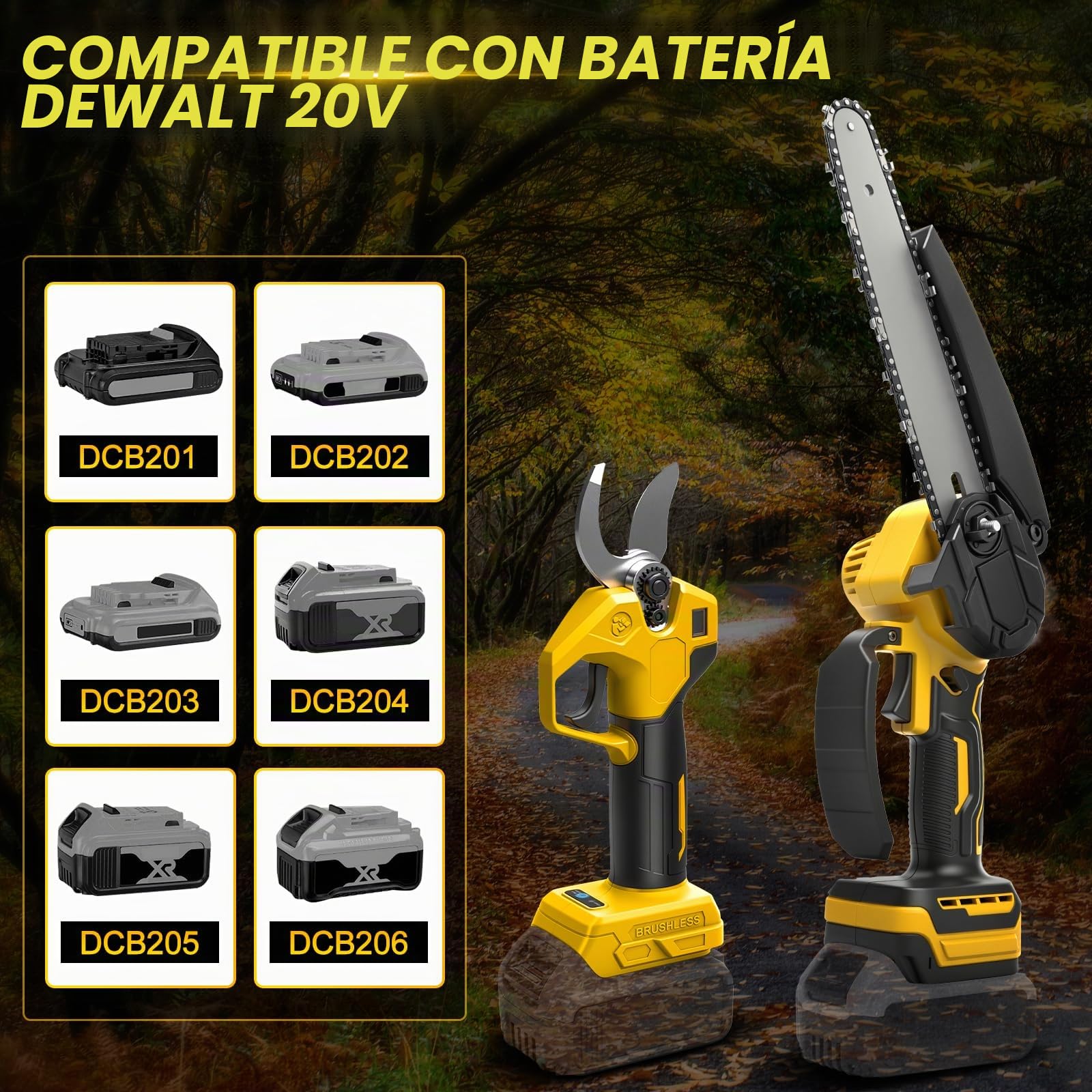 8 Pulgadas Mini Motosierra Telescopica & 28 mm Tijeras de Podar Eléctricas | para Dewalt 18 V, 20 V batería, 4 en 1 Kit de Herramientas de Jardín, Alcance Máximo Hasta 4,5 m