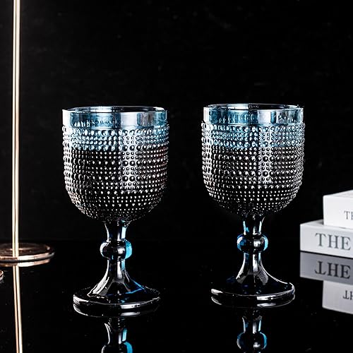 Miniatura 8 de Bandesun Juego de 6 copas de vino con diseño de hobnail azul, vasos de cristal vintage