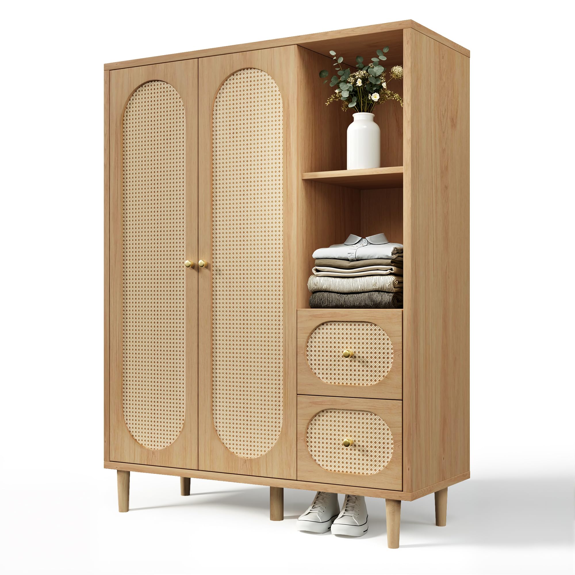 Zepneiy Armoire Chambre Adulte/Enfant en Chêne, Armoire de Rangement avec Penderie, Armoire en Rotin à 2 Portes avec 2 Tiroirs et étagères Ouvertes, Bois 161 x 120 x 44 cm