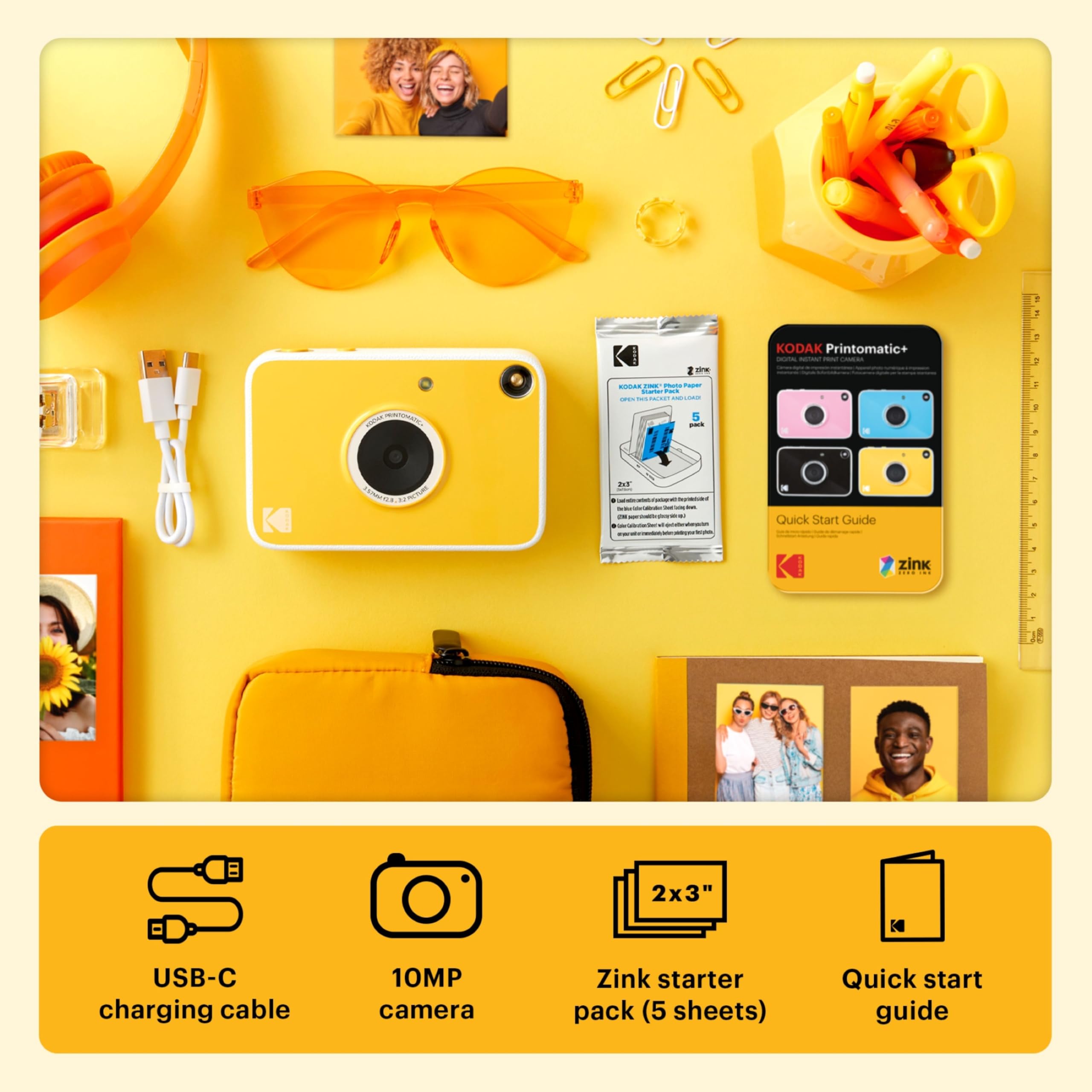 KODAK Printomatic+ Fotocamera Istantanea 10MP Kit Iniziale (Rosa) con Custodia, RGB LED e Carta Adesiva Zink 20pz – Giallo