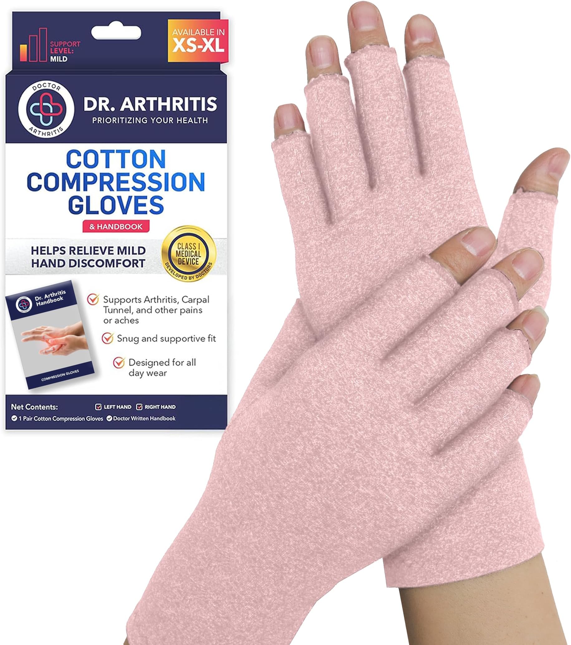 Doctor Developed Compression Gloves for Men Women & Doctor Handbook - Cotton-Made Compression Gloves for Arthritis and Hand Pain - Open Finger Raynauds Gloves