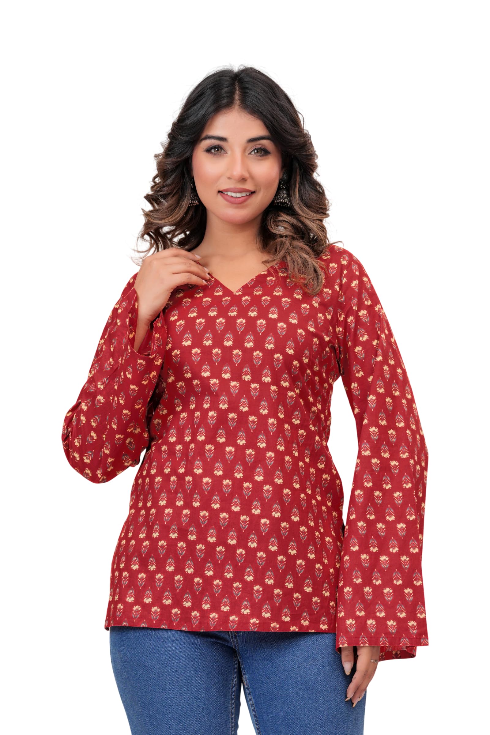 Women's V-Neck Short Cotton Maroon Kurti | Traditional Buti Floral Printed Full Bell Sleeves Kurti with Simple Finish Neck Work for Women & Girls-picture-57