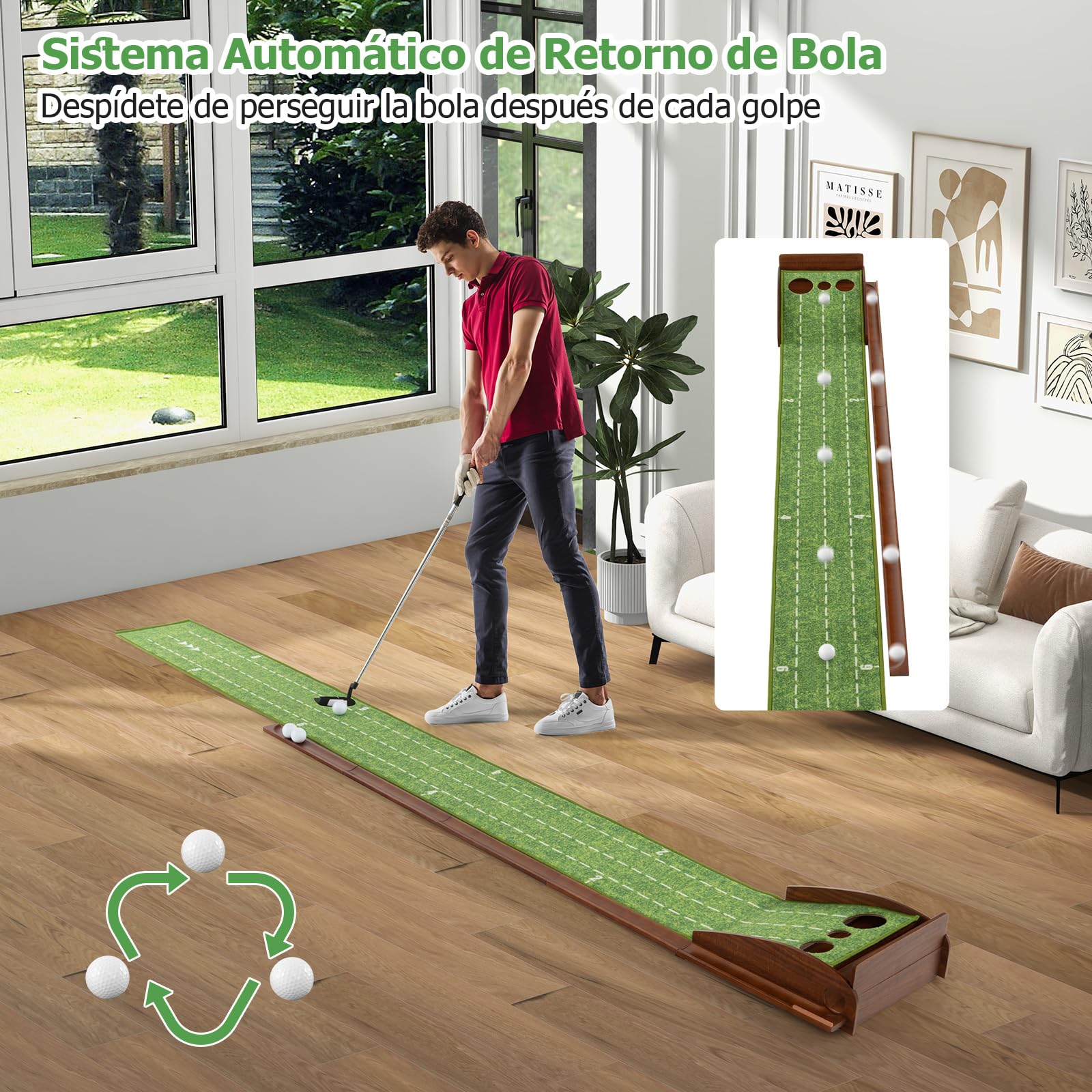 GYMAX Alfombras de Golf Práctica, Tapete de Golf con Retorno Automático de La Bola, para Interior y Exterior con Entrenamiento de 2/3 Hoyos, Guías de Alineación