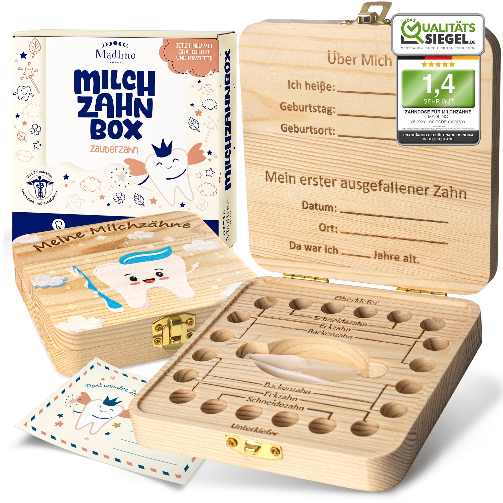 Madlino® Zahndose Milchzähne Jungen & Mädchen inkl. Zahnfeebrief & Lupe - Milchzahndose personalisiert aus Holz - Zahnfee Geschenke - Zahnbox Milchzähne - Die Zahnrettungsbox für den Wackelzahn