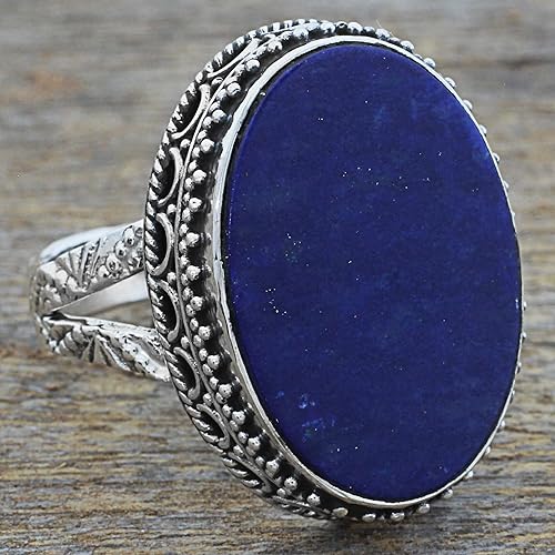 Vista 6 de NOVICA Anillo de cóctel artesanal hecho a mano de lapislázuli azul ovalado indio de plata de ley 925 con piedra natal junto al río, "Pool of