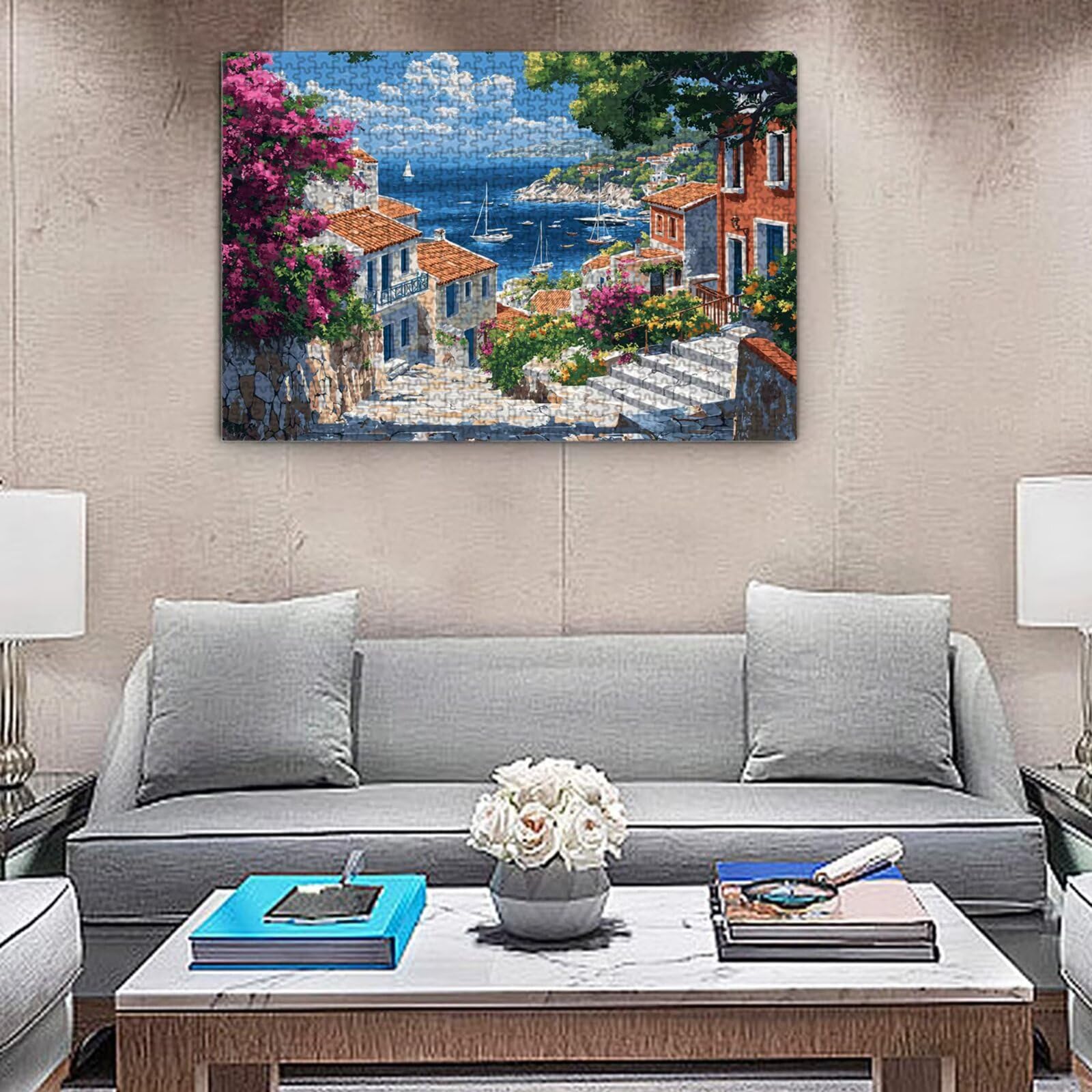 4000 Teile Puzzle für Erwachsene Schwieriges Kunst Puzzle zur Entspannung Meditationspuzzle,Abstrakte Landschaft,Holzpuzzle,Magnetfolie Wanddekoration,Geschenk Erwachsene Am Meer Kleine Stadt 1 K0F-99
