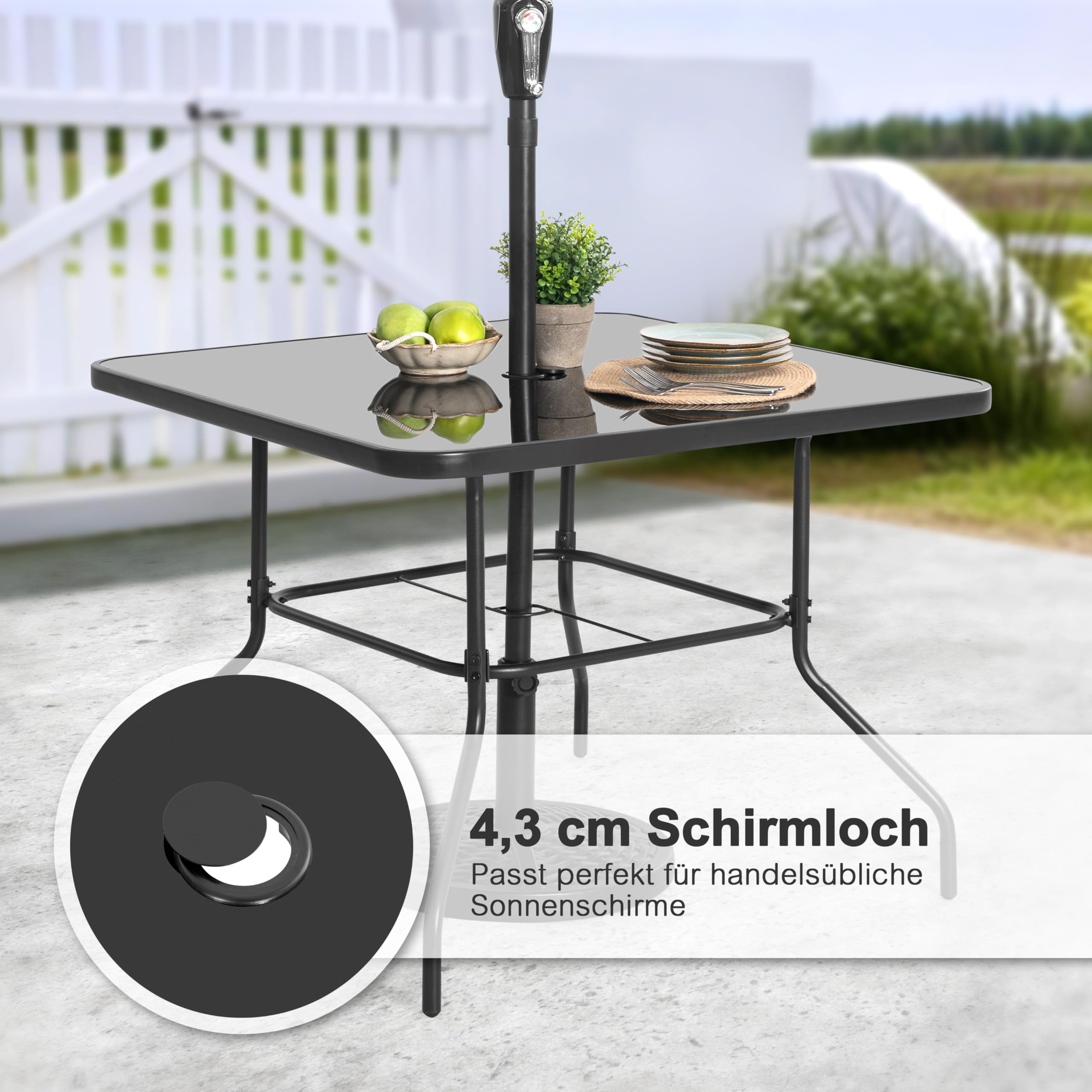 Avestar 5-teiliges Gartenmöbel Set, Garten-Essset für 4 Personen, 4 stapelbare Stühle und EIN quadratischer Tisch aus Metell, für Rasen, Balkon, Garten, grau und schwarz