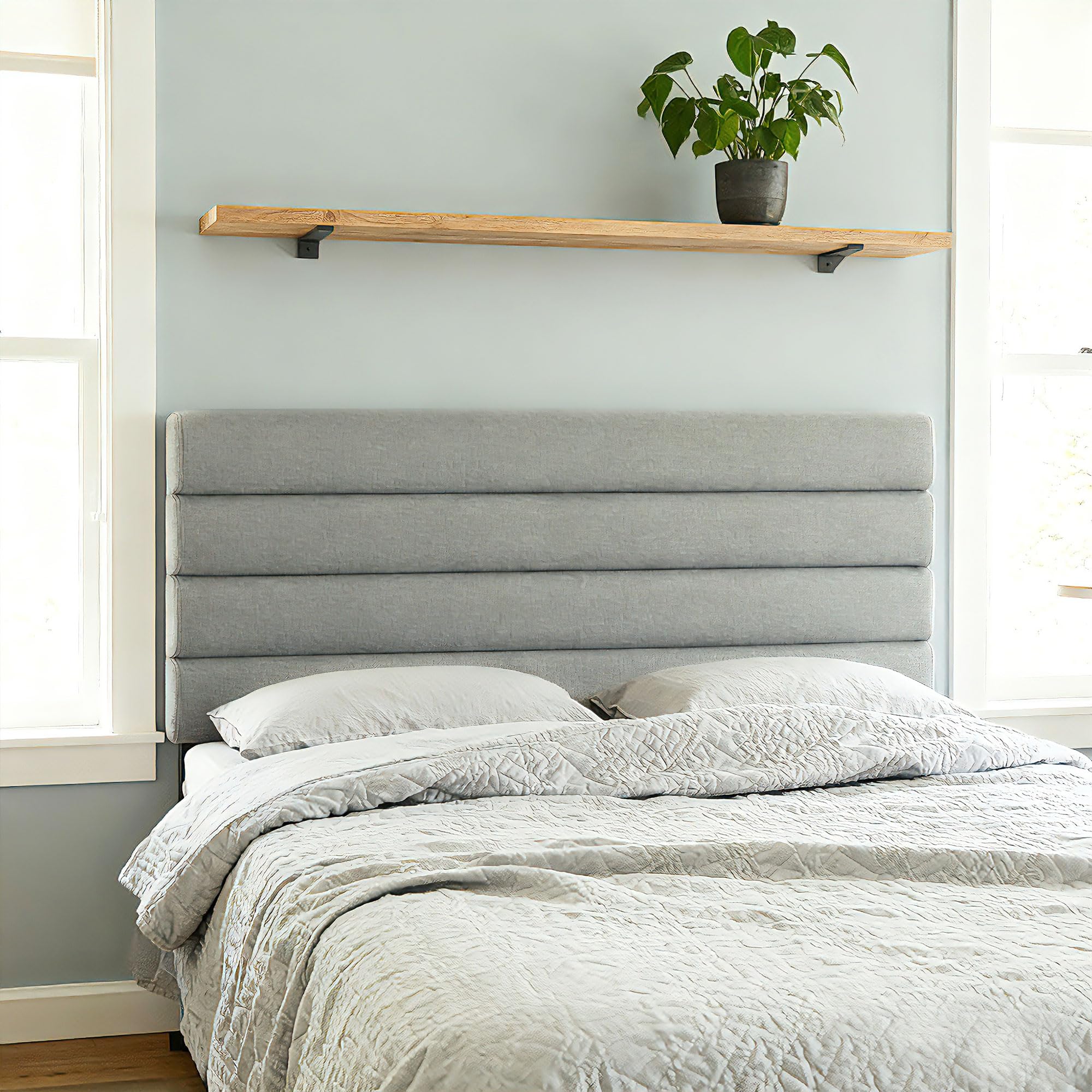 HOMCOM Cabecero de Cama 140 cm Altura Ajustable 3 Niveles Tapizado Gris | 106/116/126 cm, Cabezal de Cama en Lino, Acolchado Linea, Patas de Acero, Montaje Pared, Cabecero para Dormitorio