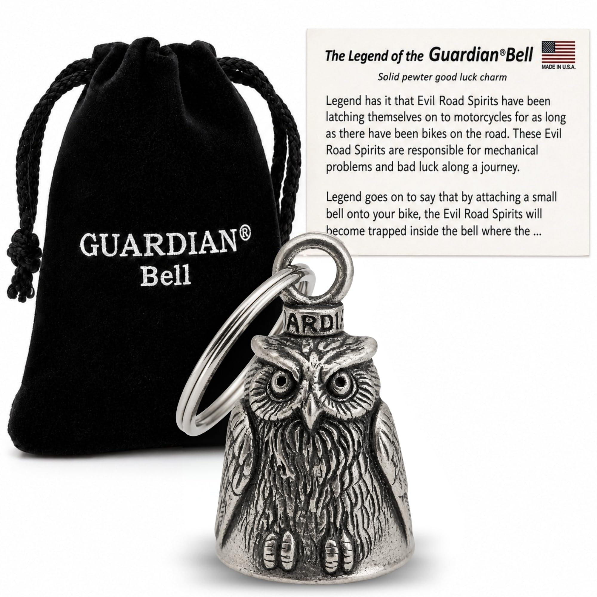Guardian Bell Animals Good Luck Bell w/Keyring &amp; Black Velvet Gift Bag | Motorcycle Bell | Lead-Free Pewter | Made in USA