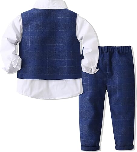 Miniatura 2 de Conjunto de ropa de 3 piezas para niños, camisas de manga larga con corbatín + chaleco + pantalones, traje casual