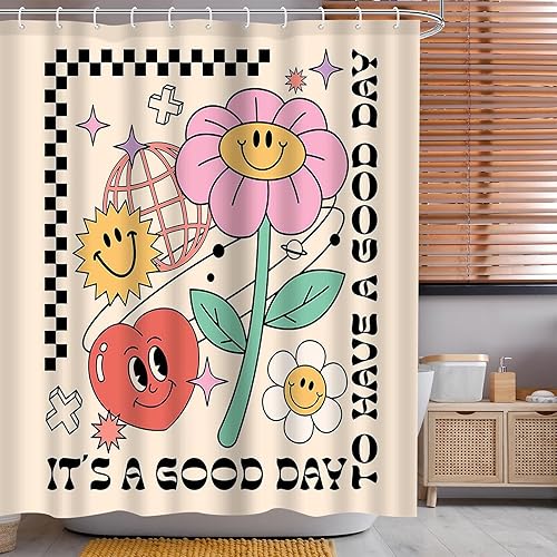 Miniatura 2 de Aperturee Cortina de ducha de 72 x 72 pulgadas con diseño de flores, diseño de margaritas, corazón, bohemio, retro, hippie, Funky de los años 70 y