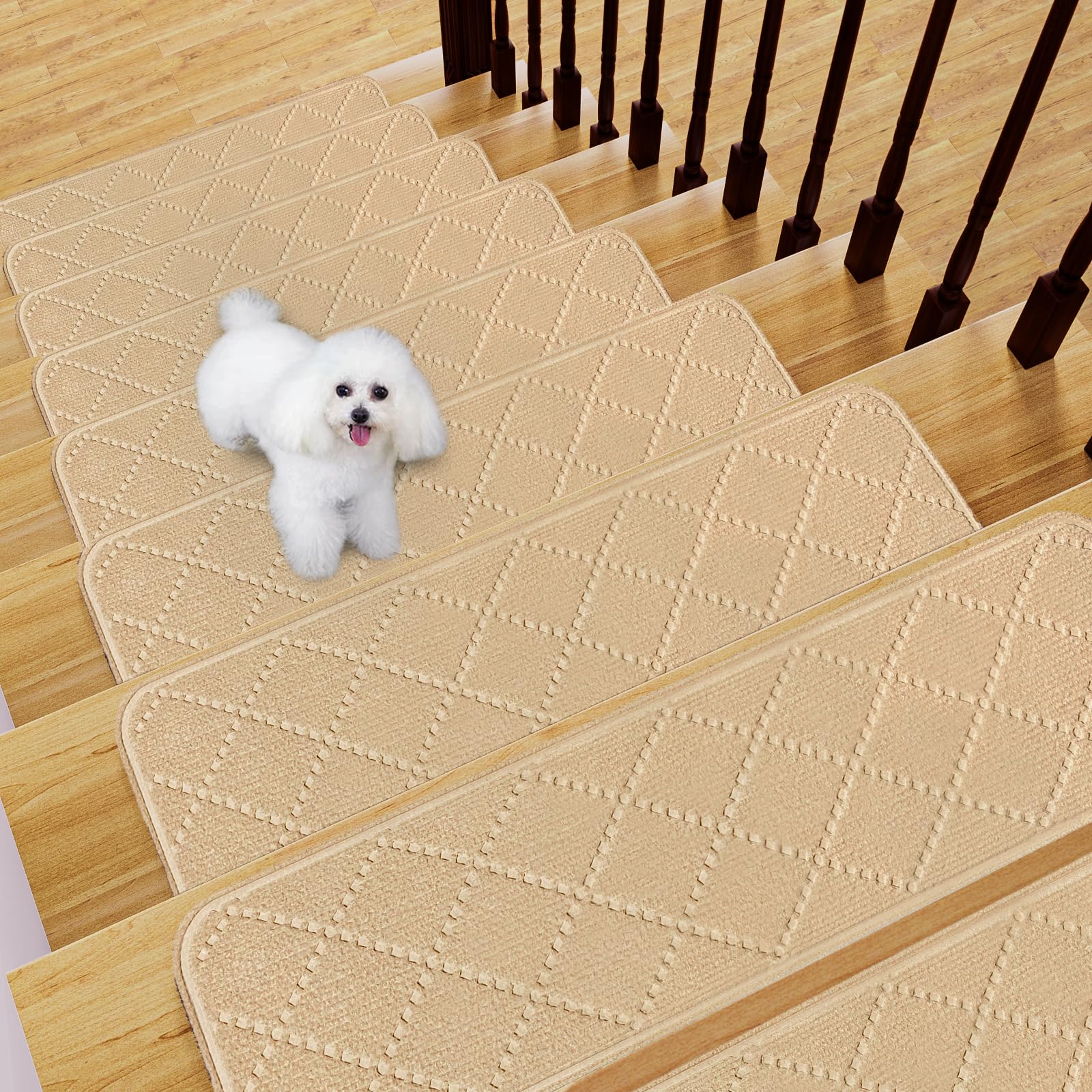 Fixmend Stair Treads Non Slip for Wooden Steps, 20.3 x 76 cm (15-Pack) Stair Runner Carpet Treads Indoor with Reusable Adhesive, Stairslide Carpets Rugs Safety Mats for Elders, Kids & Dogs, Beige Cube