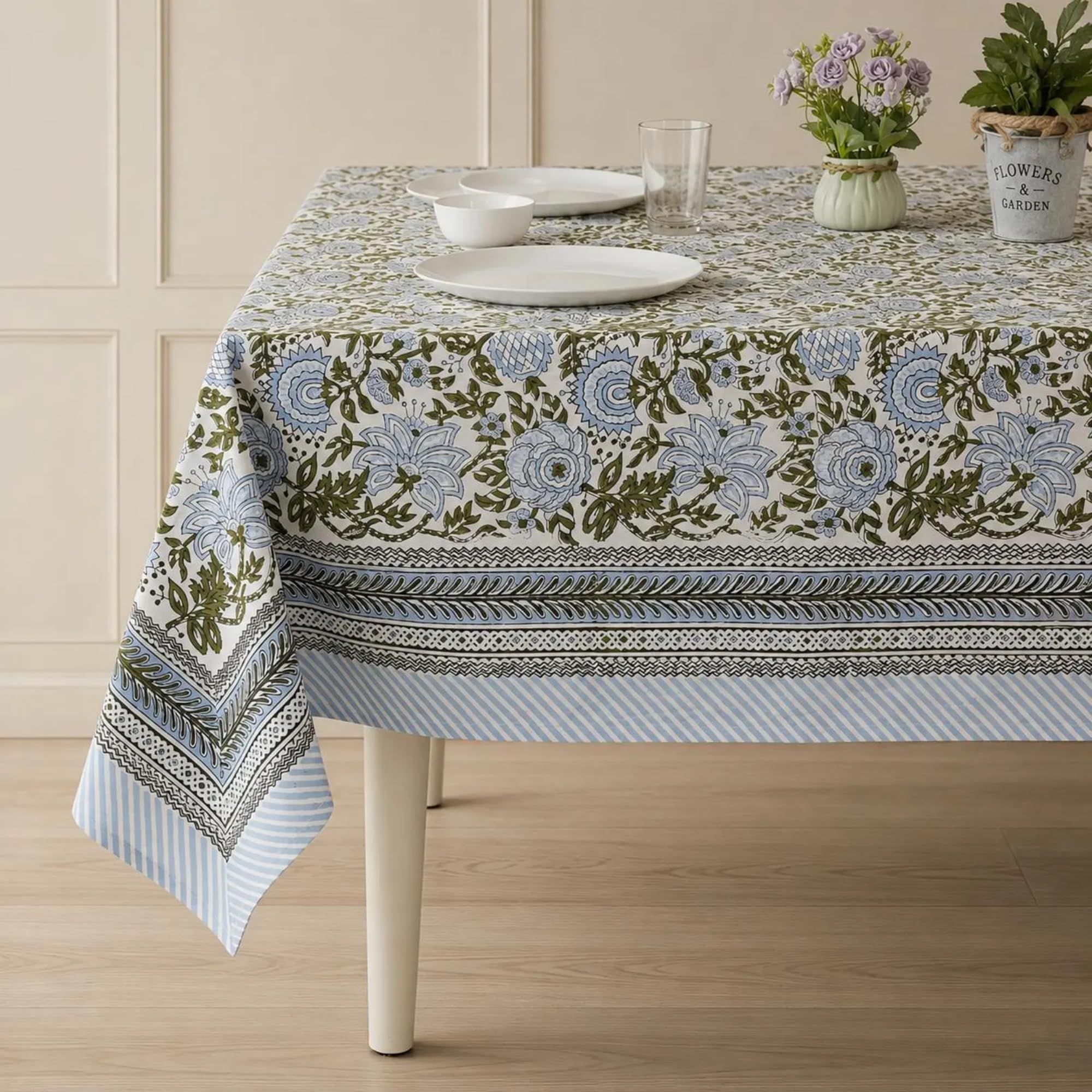 HandMark Aqua Blue Tablecloth Cover - 100% Cotton Indian Hand Block Printed - 6-Seater 60x90 Inch - Washable Reusable Rectangular Dining Cloth for Home, Restaurant, Hotel, Event & Everyday Use