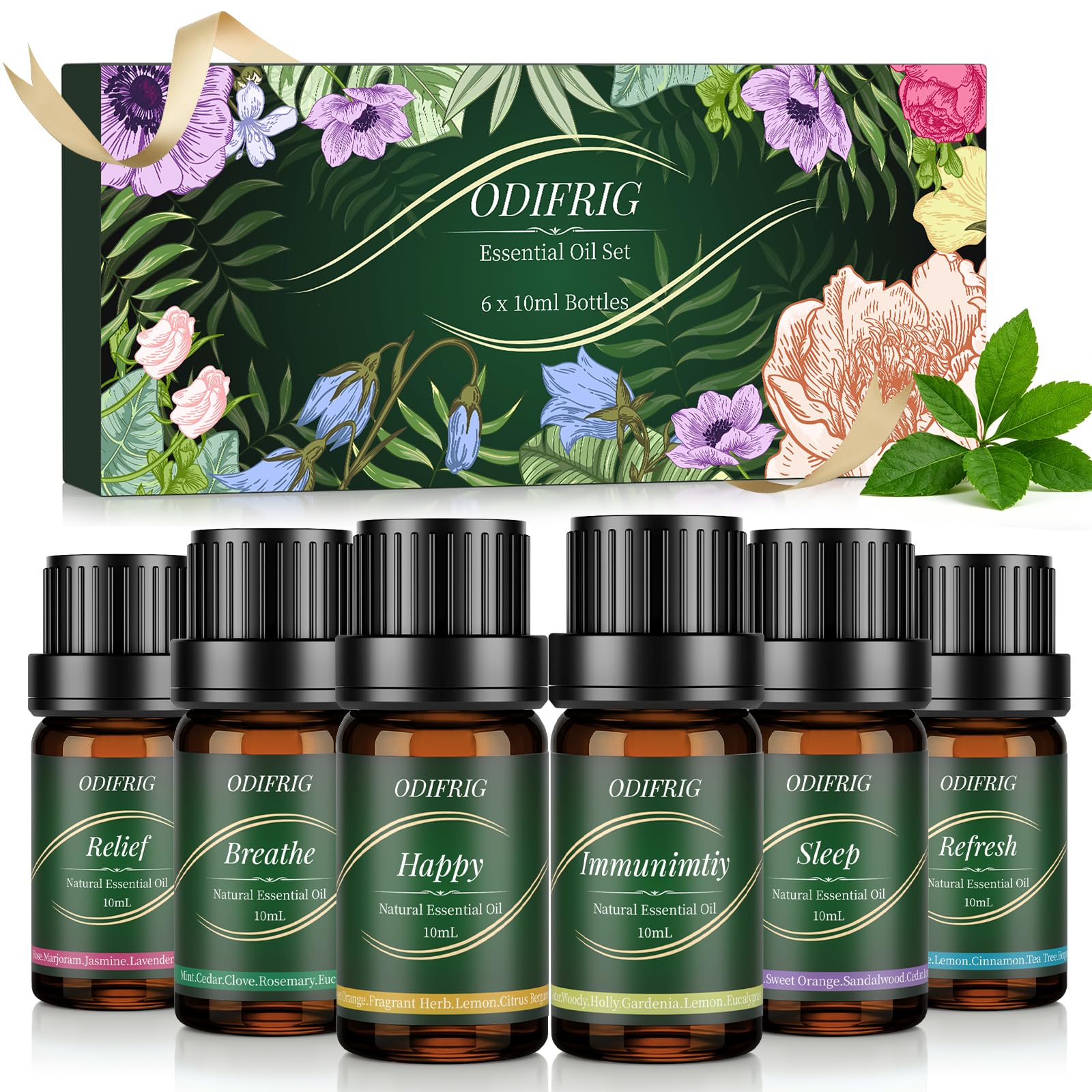 Oli Essenziali per Diffusore 6x10ml,Set Oli Essenziali Naturali per Aromaterapia Relax, Sonno,Anti Stress e Benessere,Spa Casa, Umidificatore - Refresh,Relief,Sleep,Breathe,Immunity & Happy