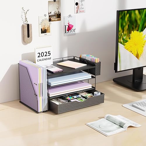 Miniatura 3 de gianotter Organizador de bandeja de papel para cartas, organizador de escritorio de 5 niveles con cajón y soporte para bolígrafos, almacenamiento de