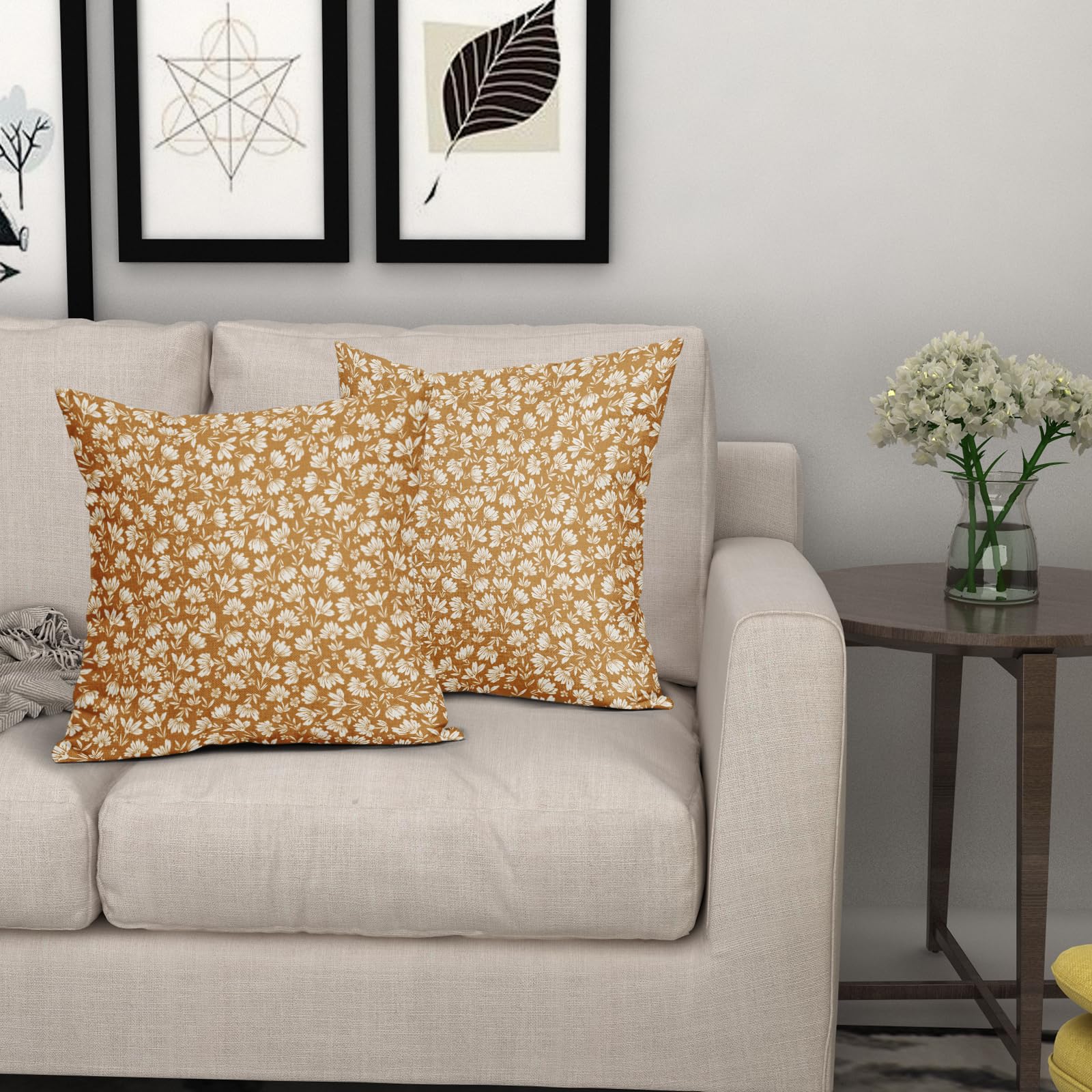 Set di 2 federe decorative per cuscini in cotone e lino, motivo floreale con margherite, 61 x 61 cm, colore: giallo senape, beige, decorazione per divano, veranda, letto, cuscino esterno