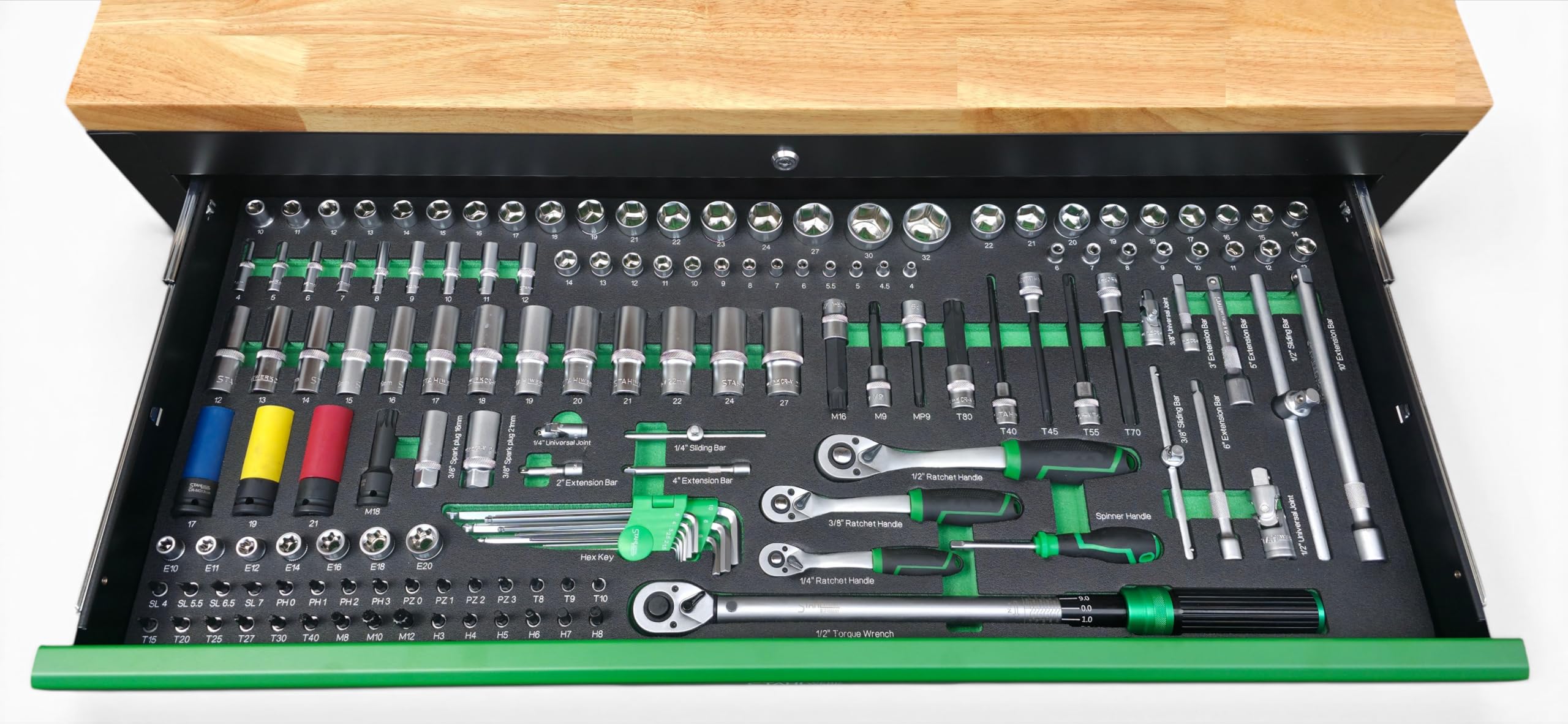 DeTec. Chariot à Outils XXXL | Servante d'atelier 11 tiroirs 9 remplis | Établi Mobile avec Plateau en Bois | Armoire à Outils Roulant et Bien remplie d'outils