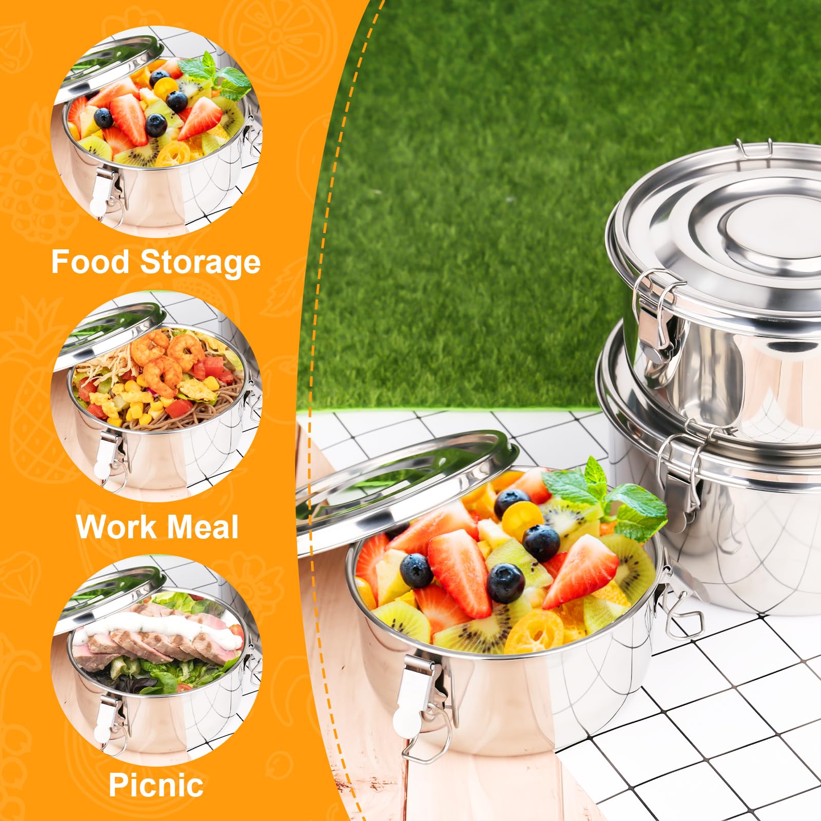 Contenitore in acciaio inox 304 per adulti e bambini, a prova di perdite, in acciaio inox, con coperchio per snack, frutta, cereali, zuppe (660/1040/1590 ml)