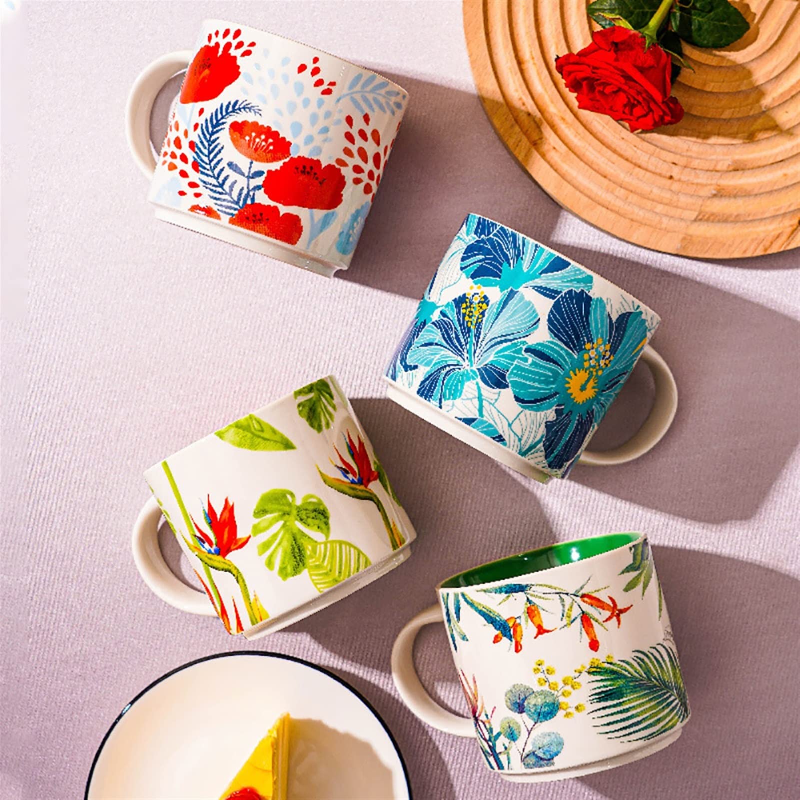 Tasses à Café Tasse en céramique peinte à la main Chaîne de fleurs Tasse de petit déjeuner de lait de cuisson à café sous-allongée tasse de porcelaine, un bon cadeau for amis 450 ml Tasse à Thé ( Colo