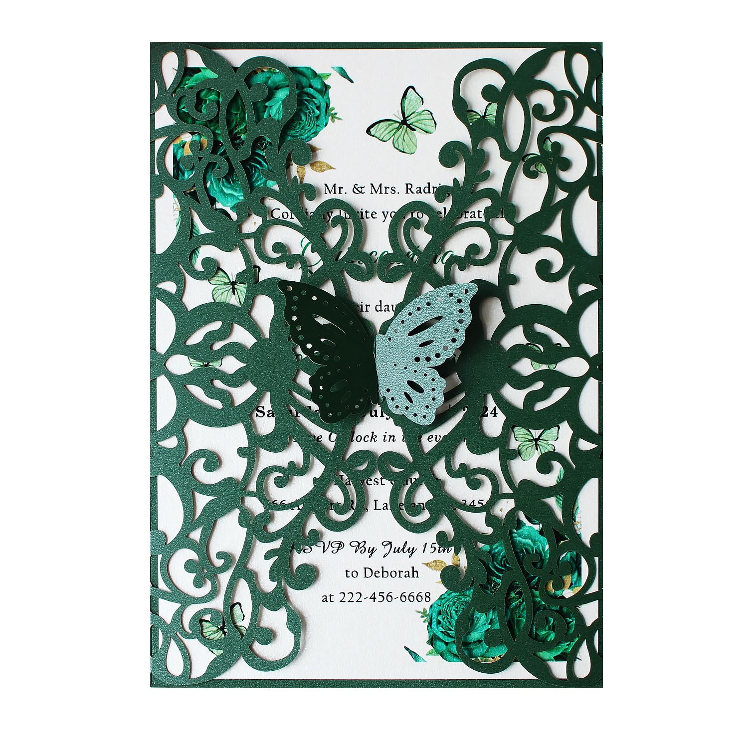 KUCHYNEE 50PCS Emerald Green Laser Cut Quinceanera Invitations kit, 5.1 x7.3 Inch Hollow Floral Butterfly Pocket Invitation for Quincenera Wedding