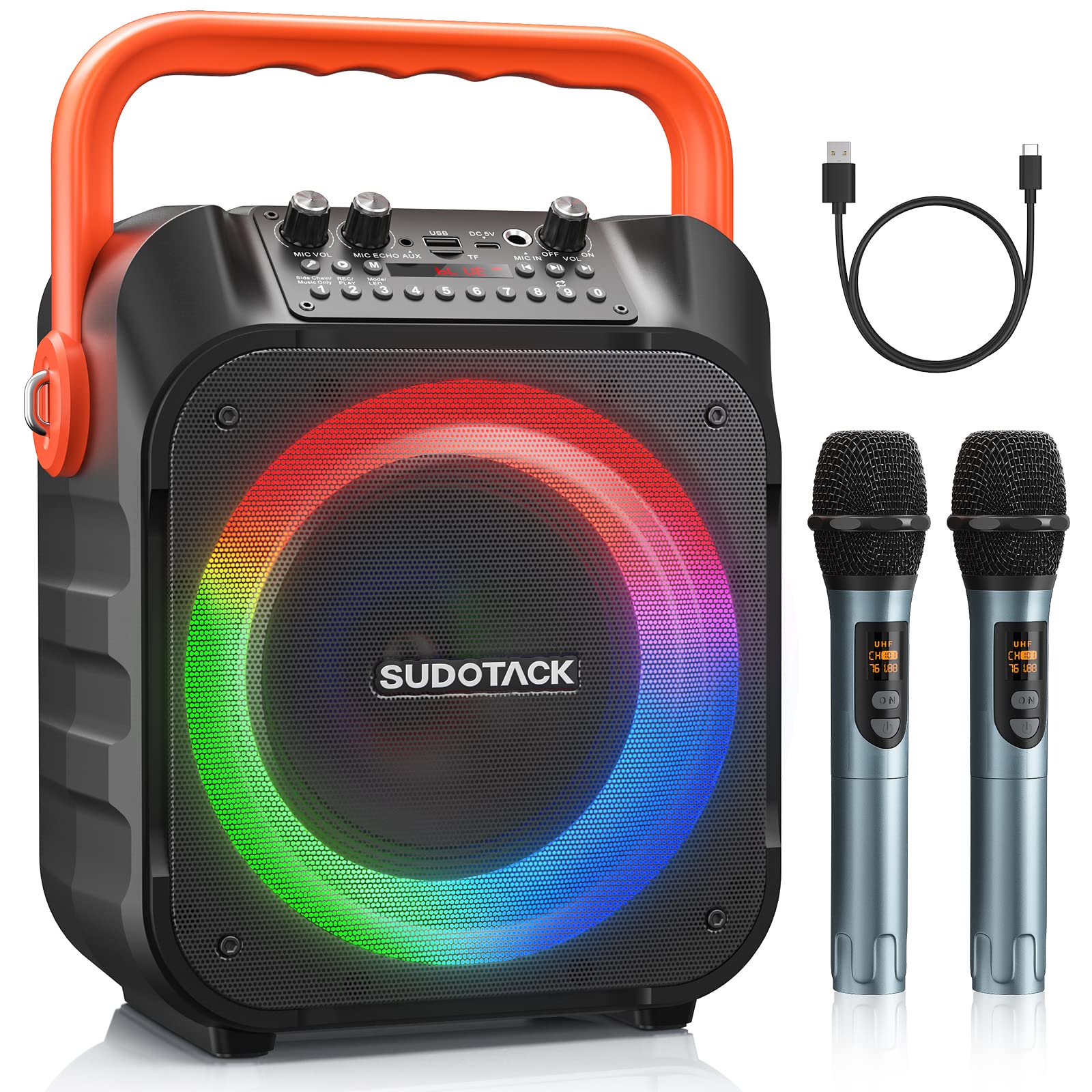 SUDOTACK Karaoke Machine with 2 Wireless Microphones, Karaoke Speaker for Adults and Kids with Party Lights, Portable Party Speaker Supports TF/USB, AUX in, FM, REC, TWS for Karaoke, Party(SP-70B)