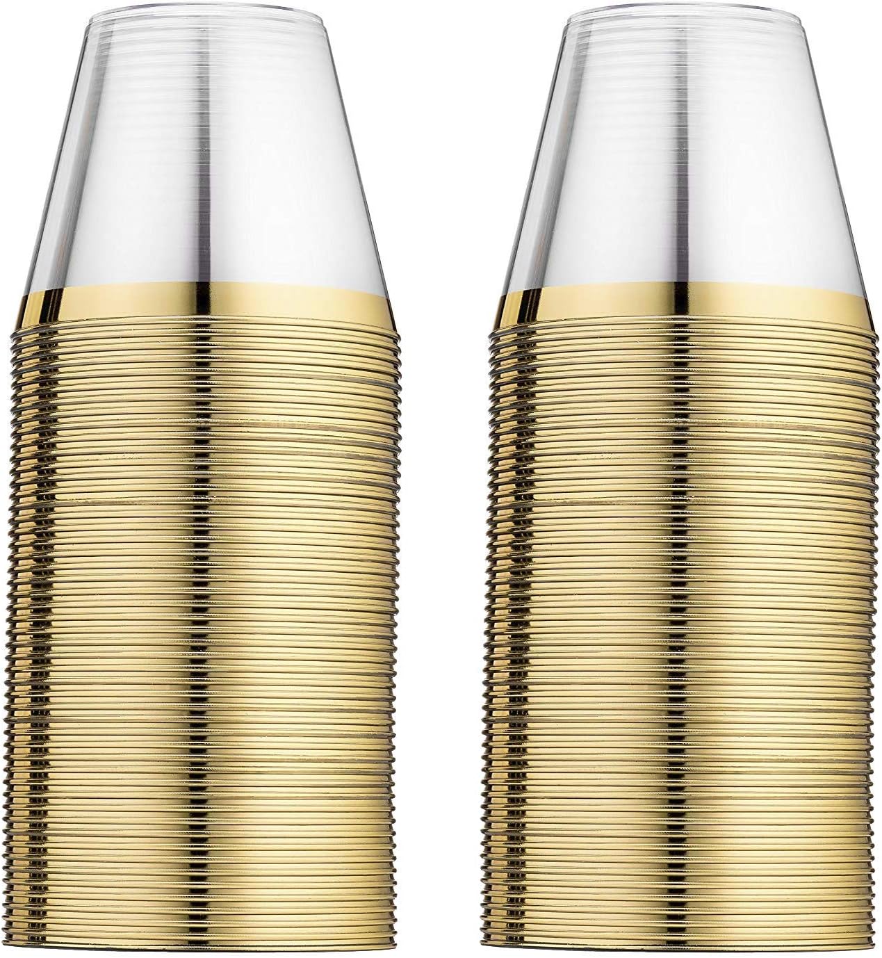 EASERCY 100 Plastic Cups 9 Oz Gold Old Fashioned Tumblers Rimmed for Party Decorations Disposable Clear Wedding Elegant