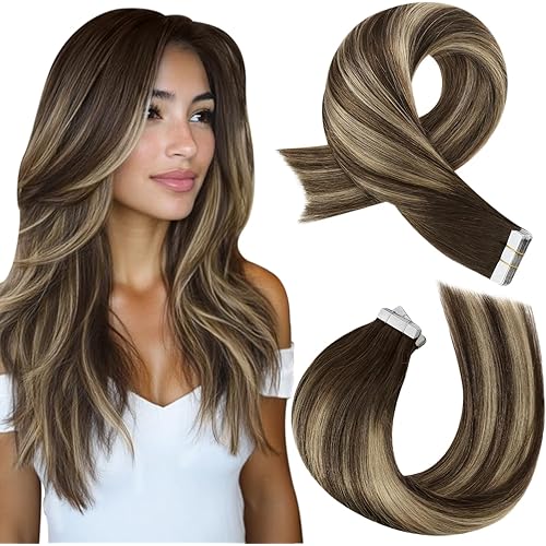 Moresoo Tape in Extensions Human Hair Seamless Hair Extensions Tape in Brown to Caramel Blonde with Brown Glue in Human Hair Extensions Balayage Glue in Extensions Real Hair 12 Inch #4/27/4 20pcs 30g
