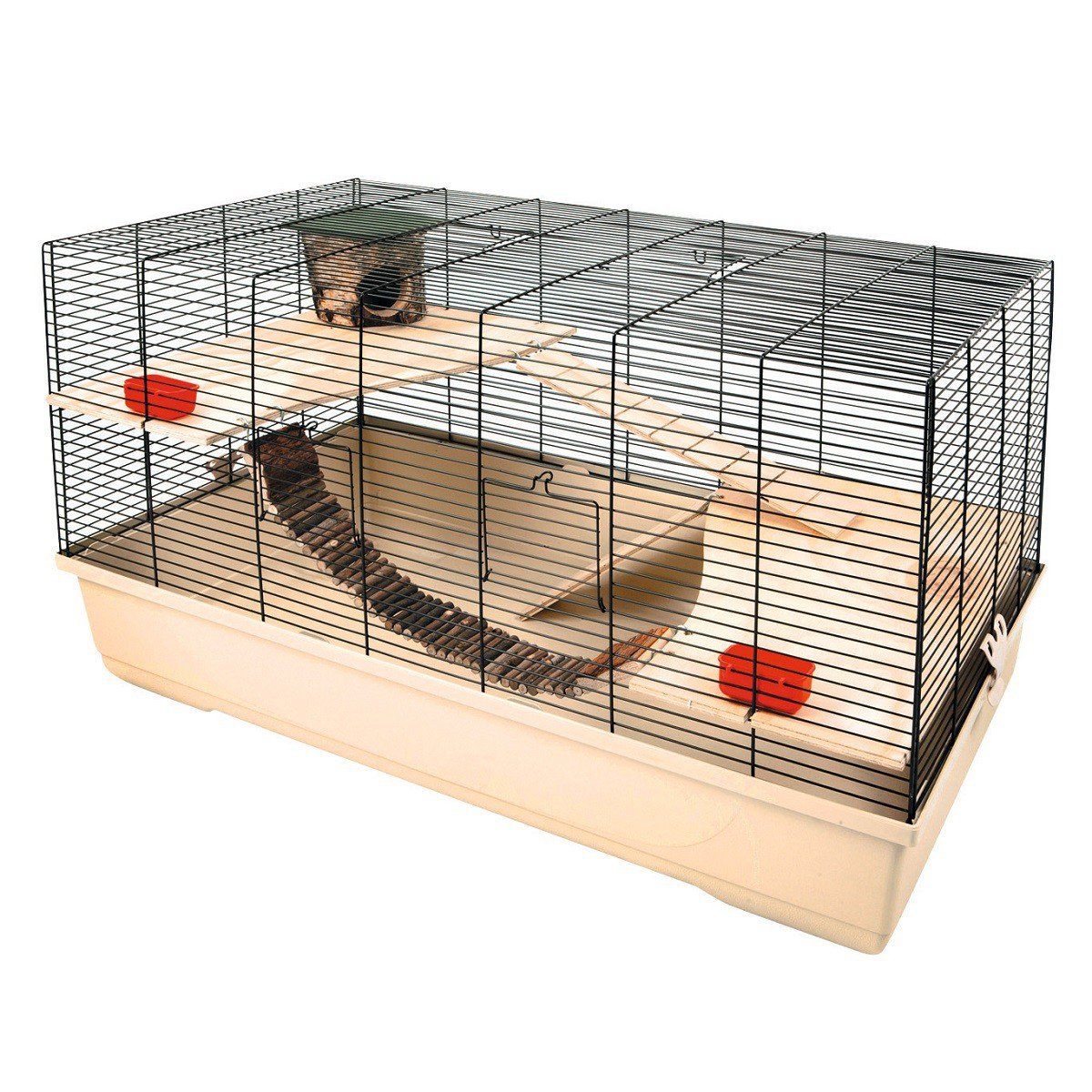 Kerbl Kleintierkäfig Gabbia Hamster 102, Nagerkäfig, beige, 100x53x55cm, Kunststoff, Metallgitter, Hamster, Meerschweinchen, Mäuse, mit Holzhaus, Näpfe