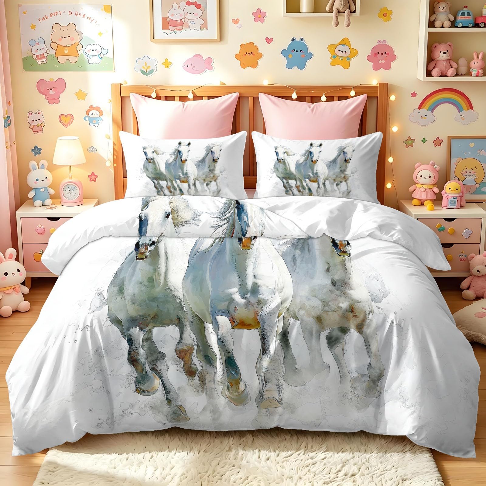 Set copripiumino matrimoniale con stampa ad acquerello, in microfibra, reversibile, 200 x 200 cm, 3 pezzi, con cerniera + 2 federe da 50 x 75 cm, bianco