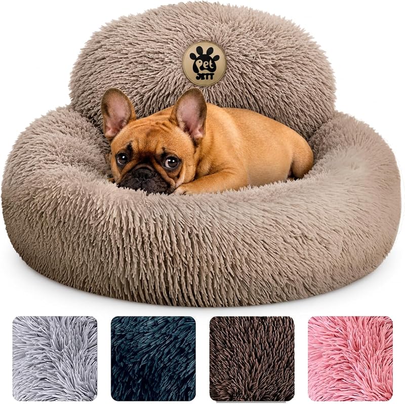 Cama redonda tipo donut para cães pequenos PET JETT, pelúcia sintética, base antiderrapante e lavável, Bege – 58,42 × 58,42 × 20,32 cm