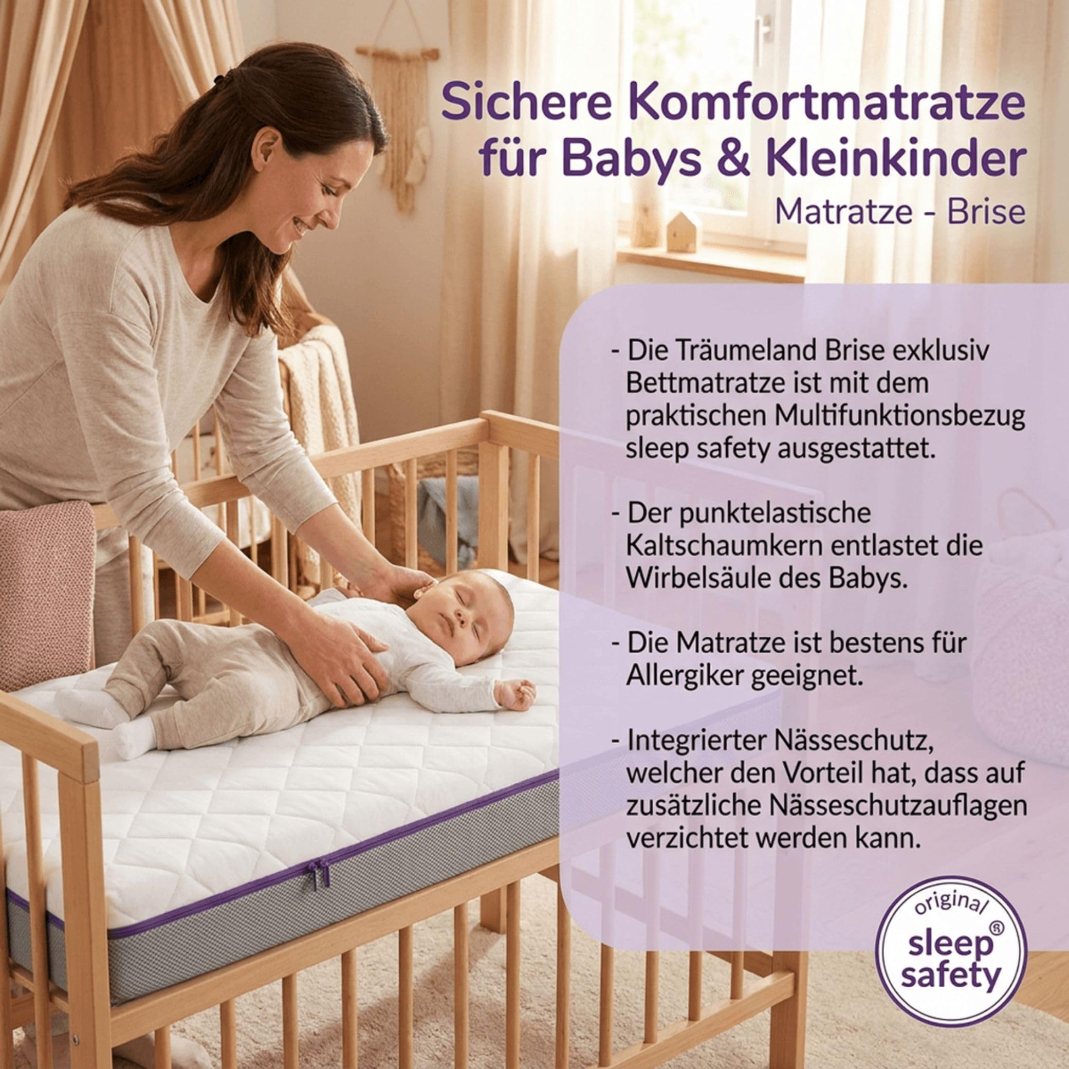 Träumeland Babymatratze Brise Exklusiv | Kindermatratze aus punktelastischer Kaltschaumkern für Stubenkorb, Wiege, Beistellbett | Kinderbettmatratze mit vertikalen Belüftungskanälen