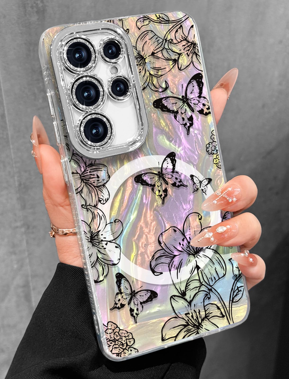 Photo 1 of Toycamp for Samsung Galaxy S25 Ultra Case - Compatible with Magsafe Aesthetic Cute Holographic Galaxy S25 Ultra Case with Diamond Bling Lens Protector Cover for Women Girls, Lily Butterfly