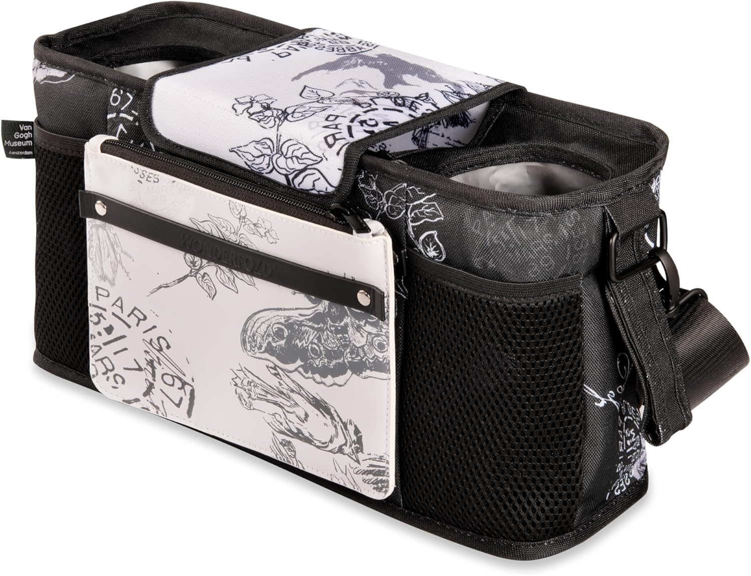 WONDERFOLD Universal Parent Console Stroller Organizer with Insulated Cup Holders, Hook & Loop Closure Handle Attachment, 2 Storage Pockets, Removable Shoulder Strap for Easy Transport