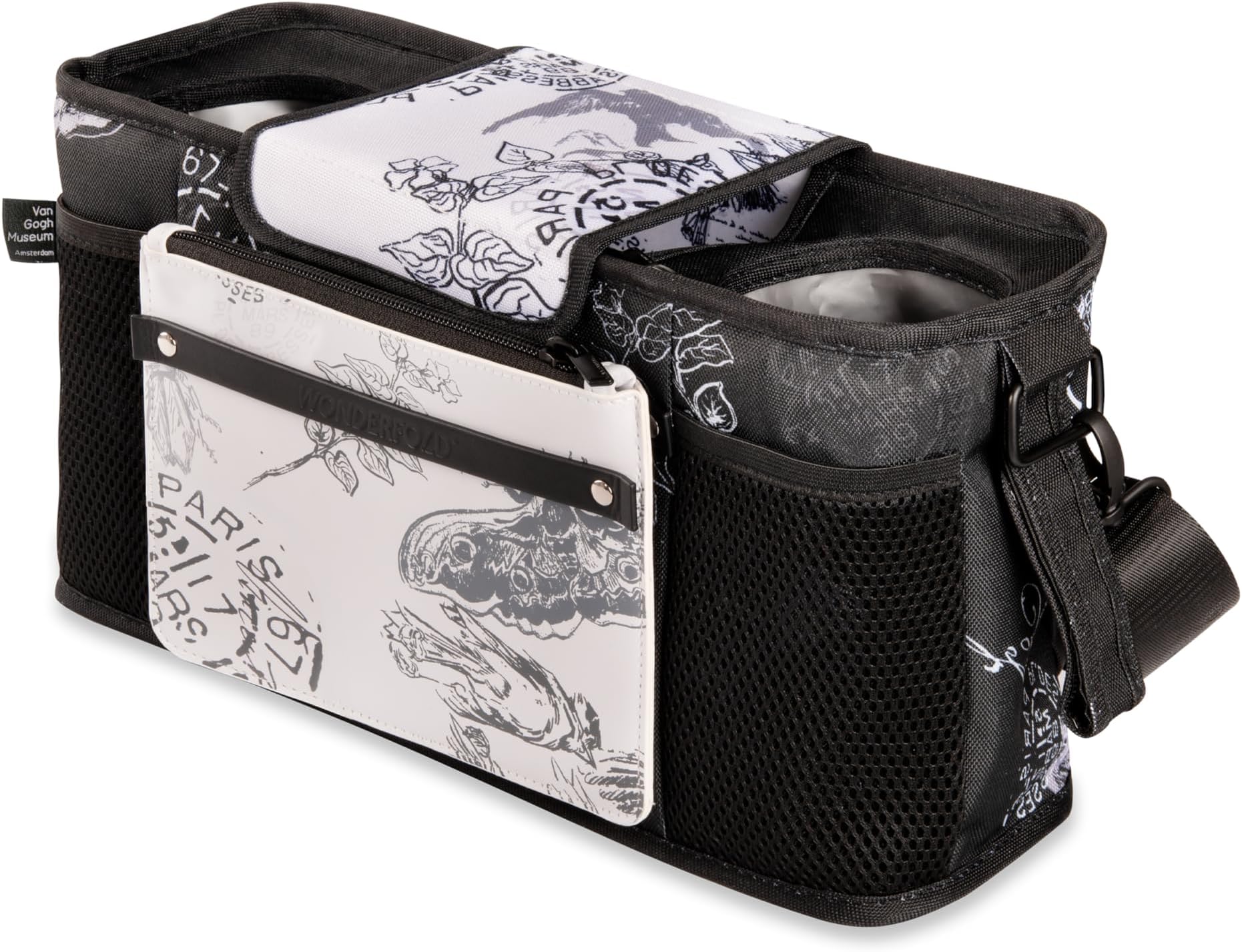 WONDERFOLD Universal Parent Console Stroller Organizer with Insulated Cup Holders, Hook & Loop Closure Handle Attachment, 2 Storage Pockets, Removable Shoulder Strap for Easy Transport